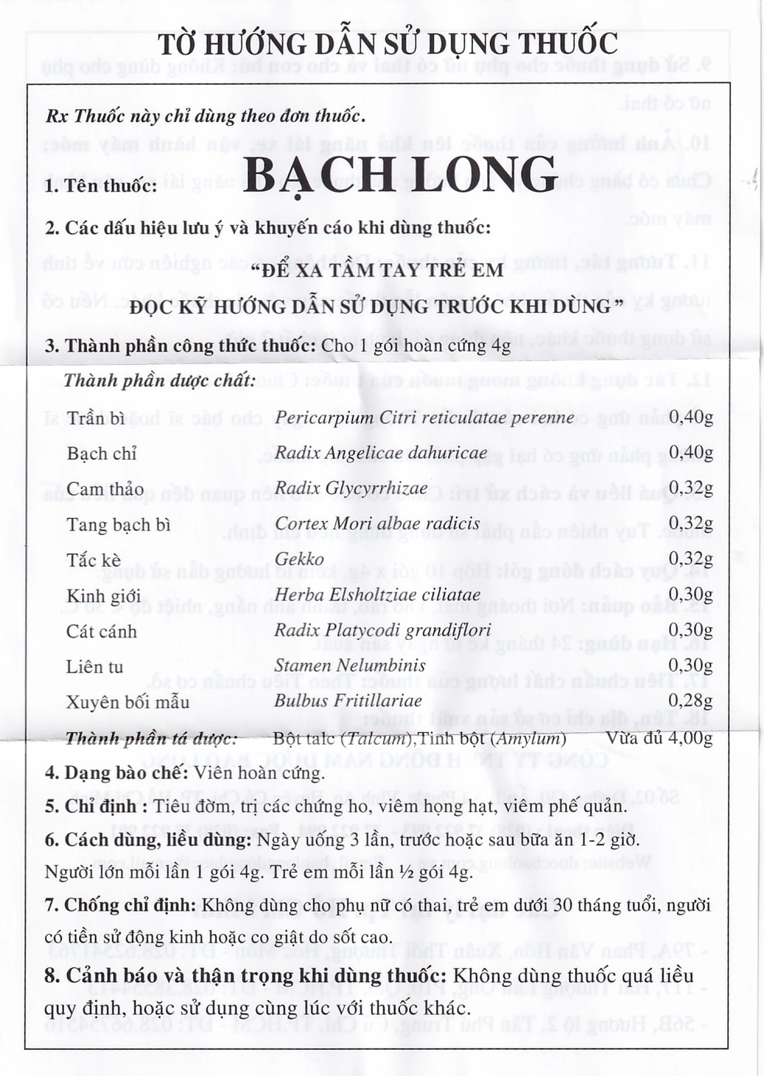Thuốc Bạch Long Bổ Phổi Trừ Ho tiêu đờm, trị các chứng ho, viêm họng hạt, viêm phế quản (10 gói)
