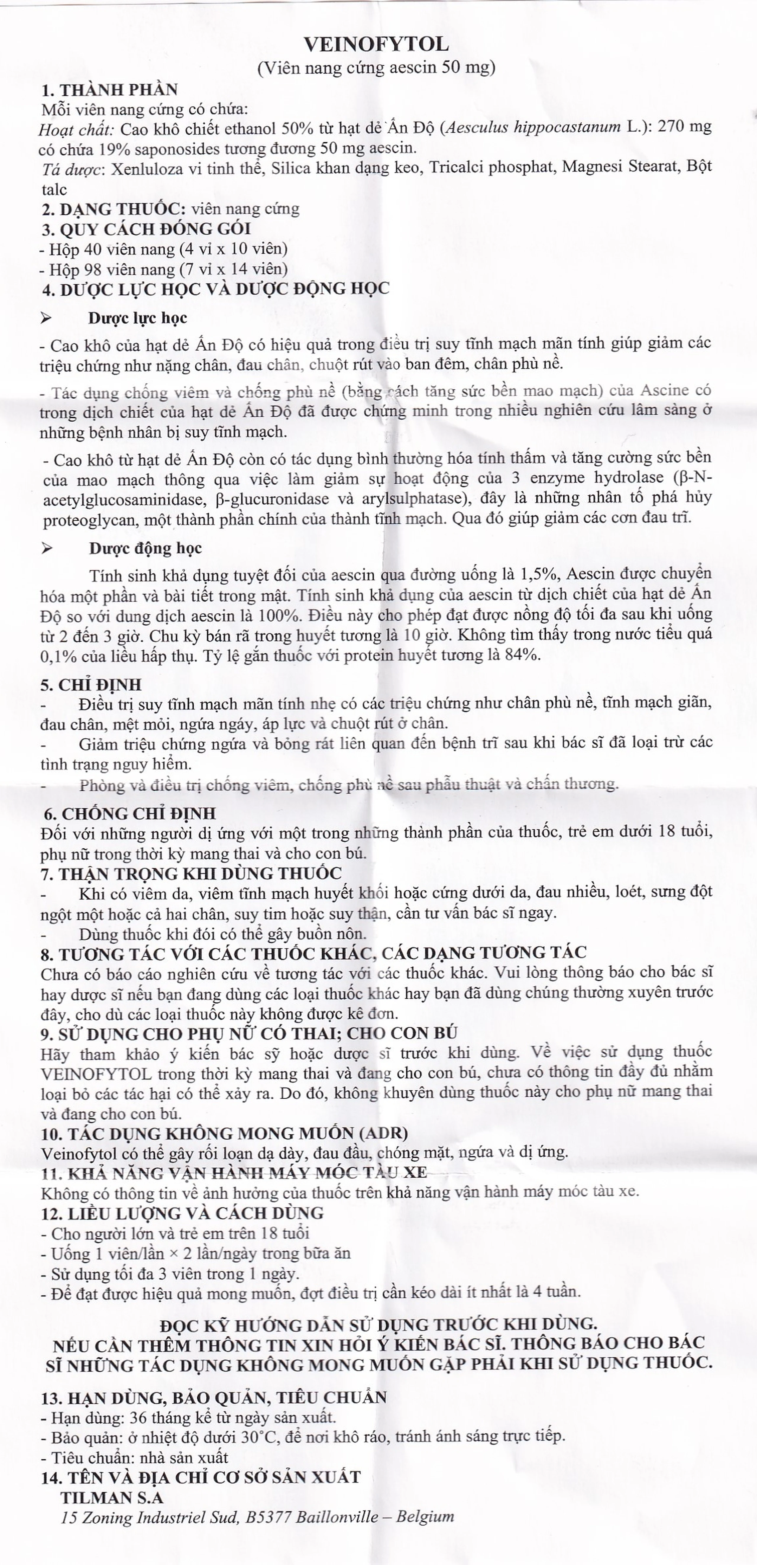 Thuốc Veinofytol Tilman điều trị suy tĩnh mạch mãn tính nhẹ (4 vỉ x 10 viên)