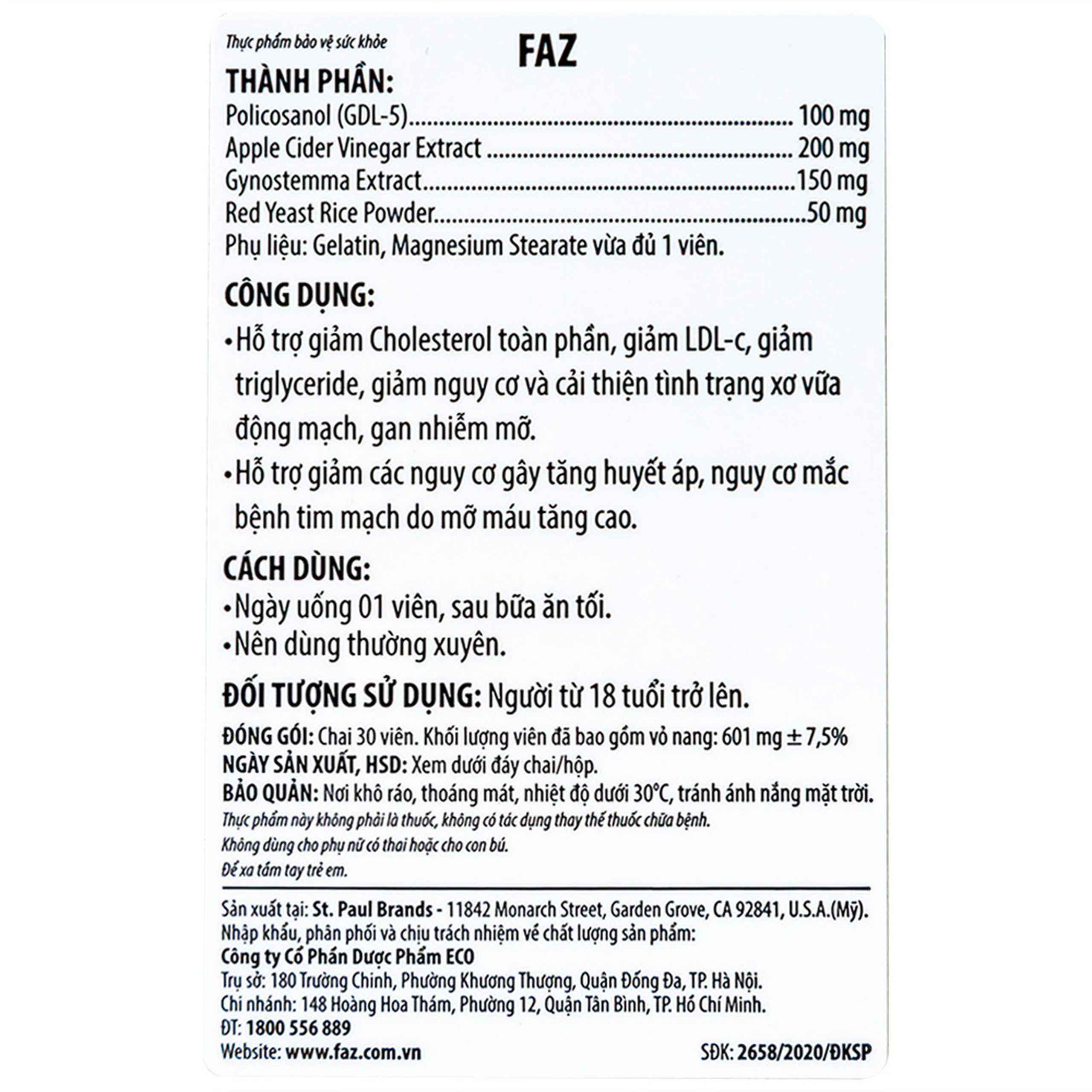 Viên uống hỗ trợ giảm cholesterol toàn phần giảm LDL-c Ecogreen FAZ (30 viên)