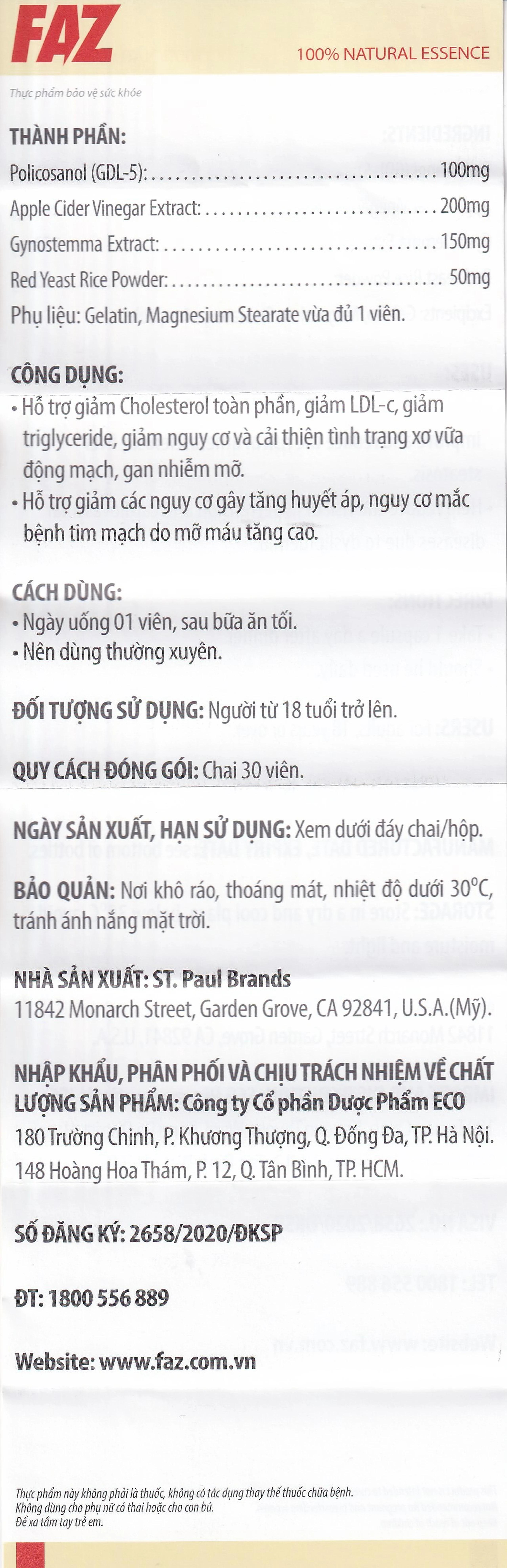 Viên uống hỗ trợ giảm cholesterol toàn phần giảm LDL-c Ecogreen FAZ (30 viên)