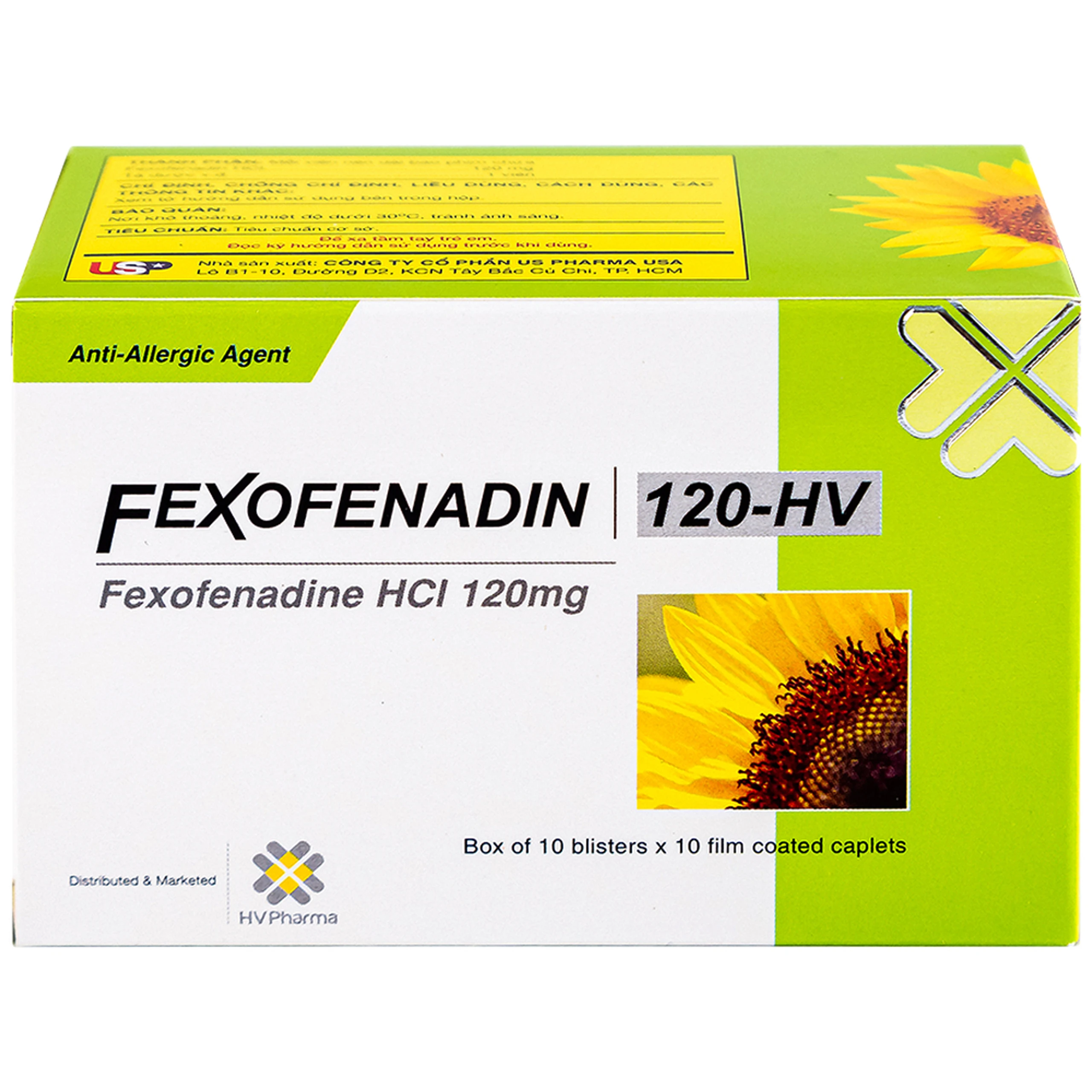 Thuốc Fexofenadin 120-HV USP điều trị viêm mũi dị ứng theo mùa, mày đay mạn tính vô căn (10 vỉ x 10 viên)