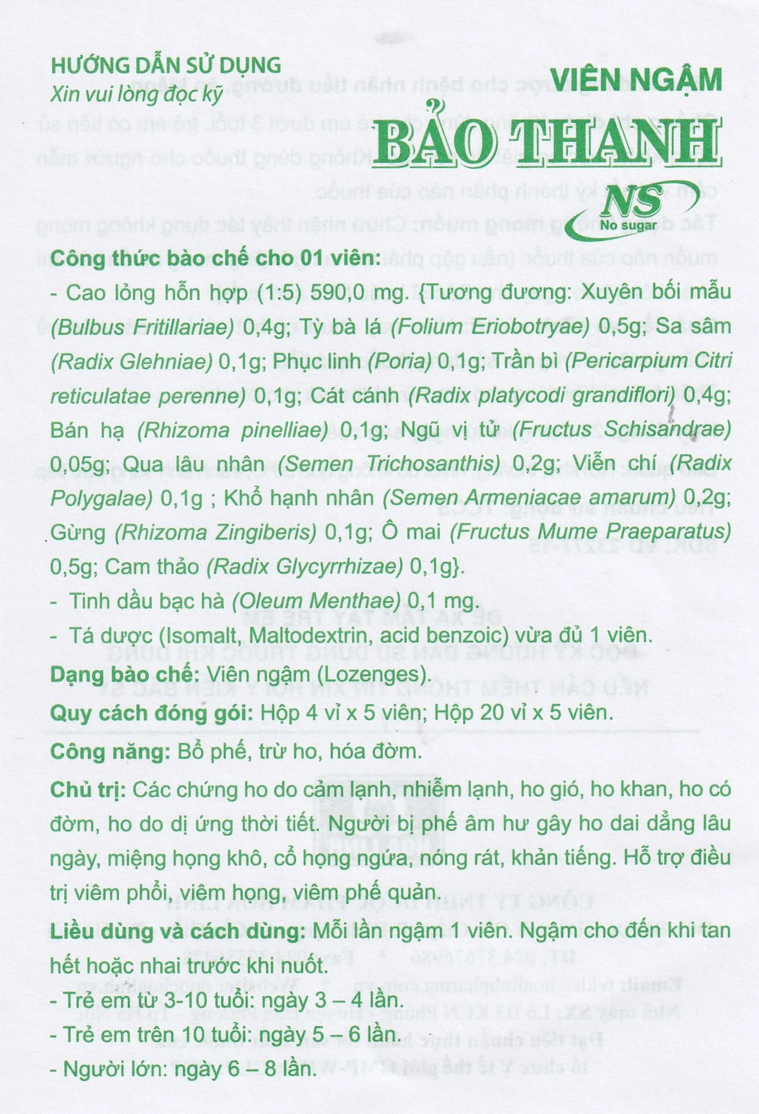 Viên ngậm Bảo Thanh Hoa Linh không đường - bổ phế, trừ ho, hóa đờm (20 vỉ x 5 viên)