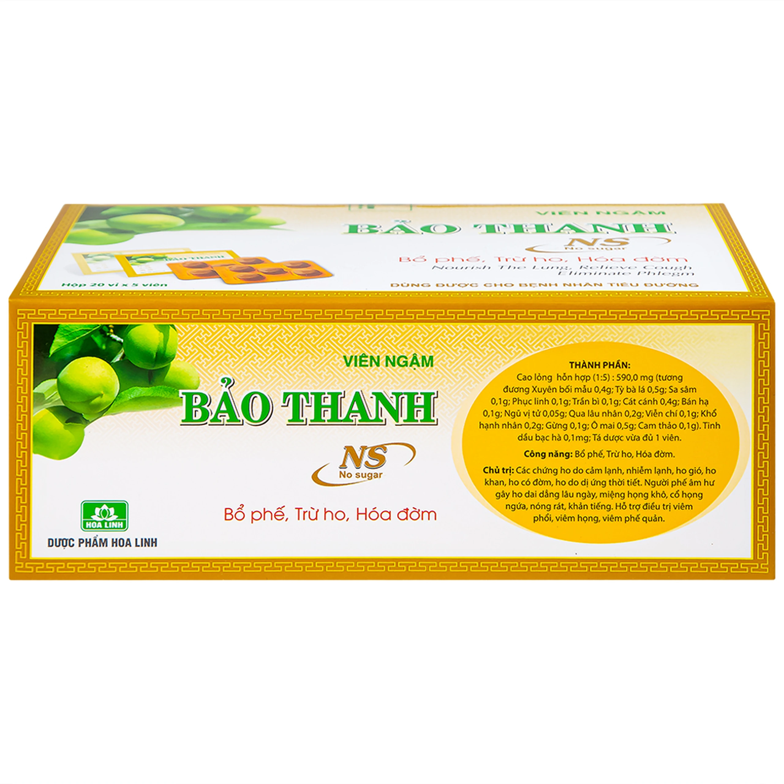 Viên ngậm Bảo Thanh Hoa Linh không đường - bổ phế, trừ ho, hóa đờm (20 vỉ x 5 viên)