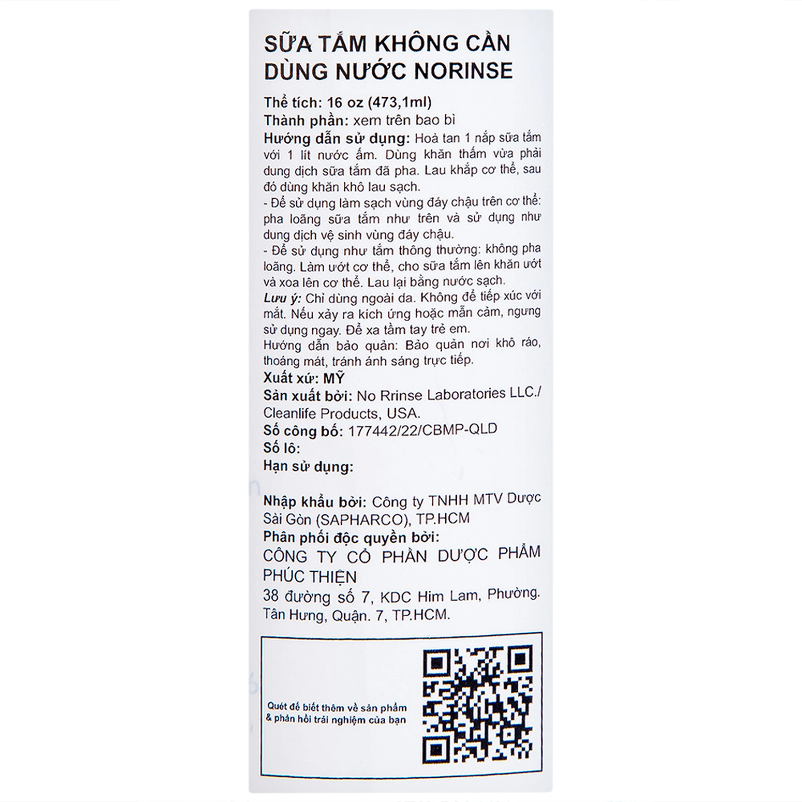 Sữa tắm Norinse Body Bath làm sạch da không cần dùng nước (473.1ml)