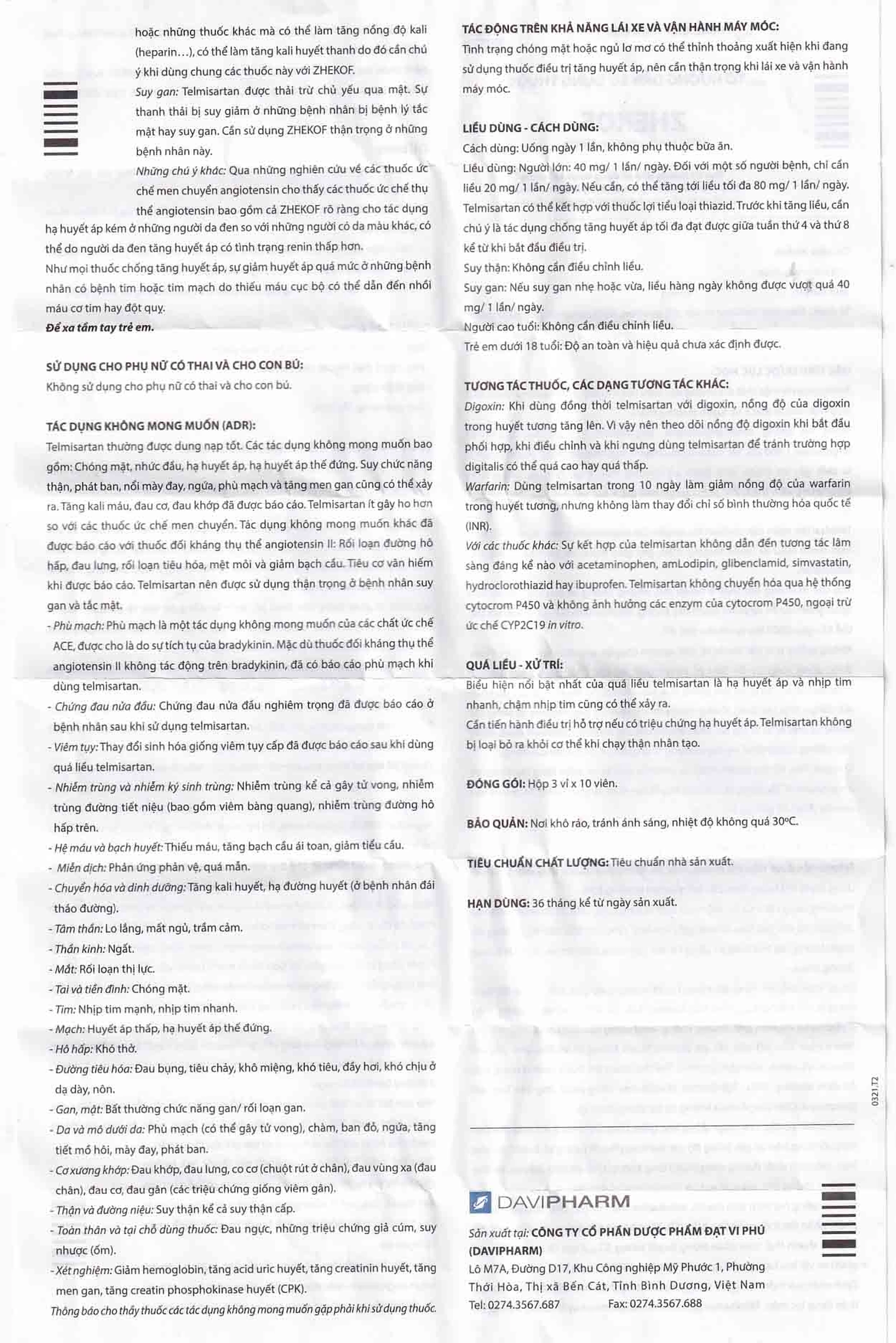 Thuốc Zhekof 40mg DaviPharm điều trị tăng huyết áp, dự phòng biến cố tim mạch (3 vỉ x 10 viên)