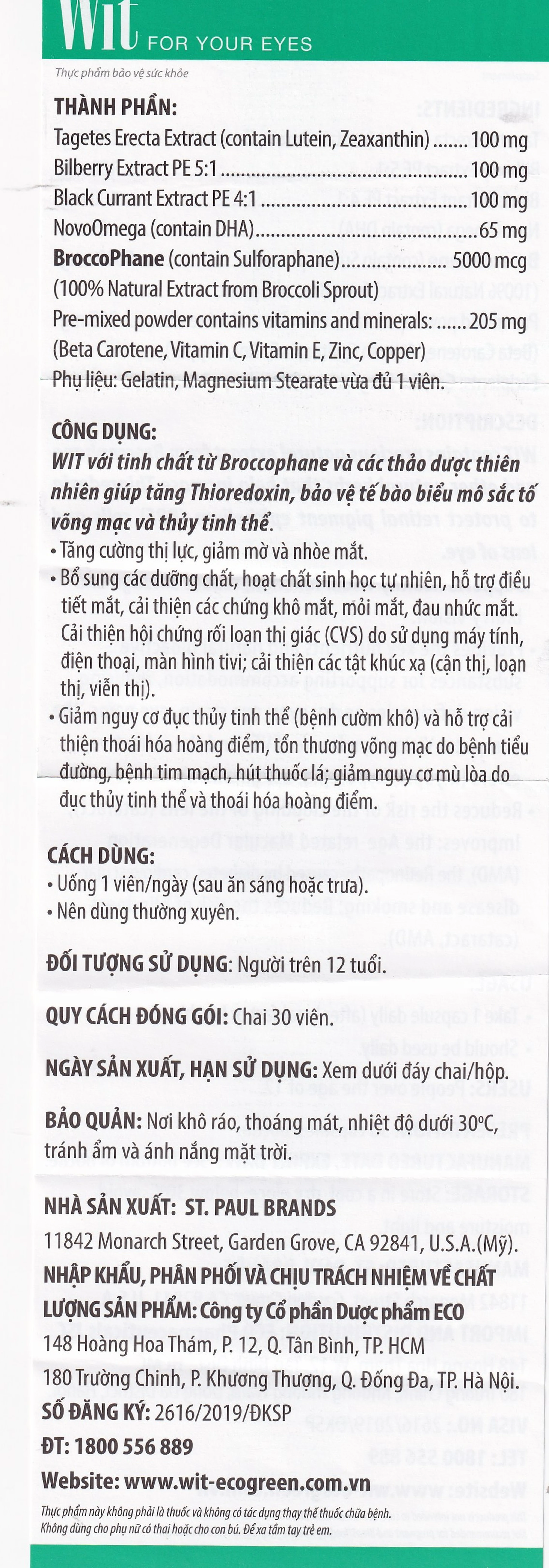 Viên uống tăng cường thị lực giảm mờ và nhòe mắt WIT For Your Eyes (30 viên)