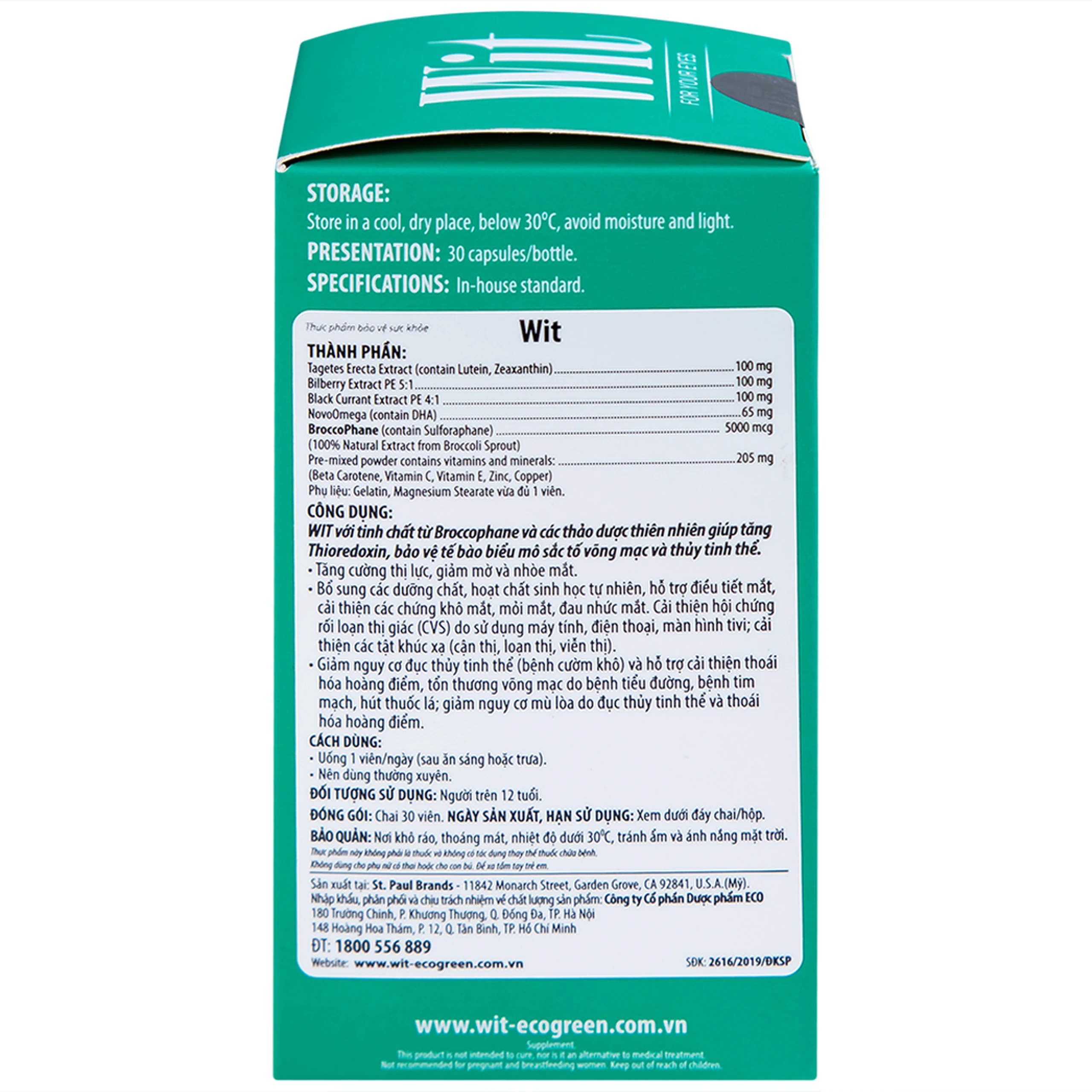 Viên uống tăng cường thị lực giảm mờ và nhòe mắt WIT For Your Eyes (30 viên)