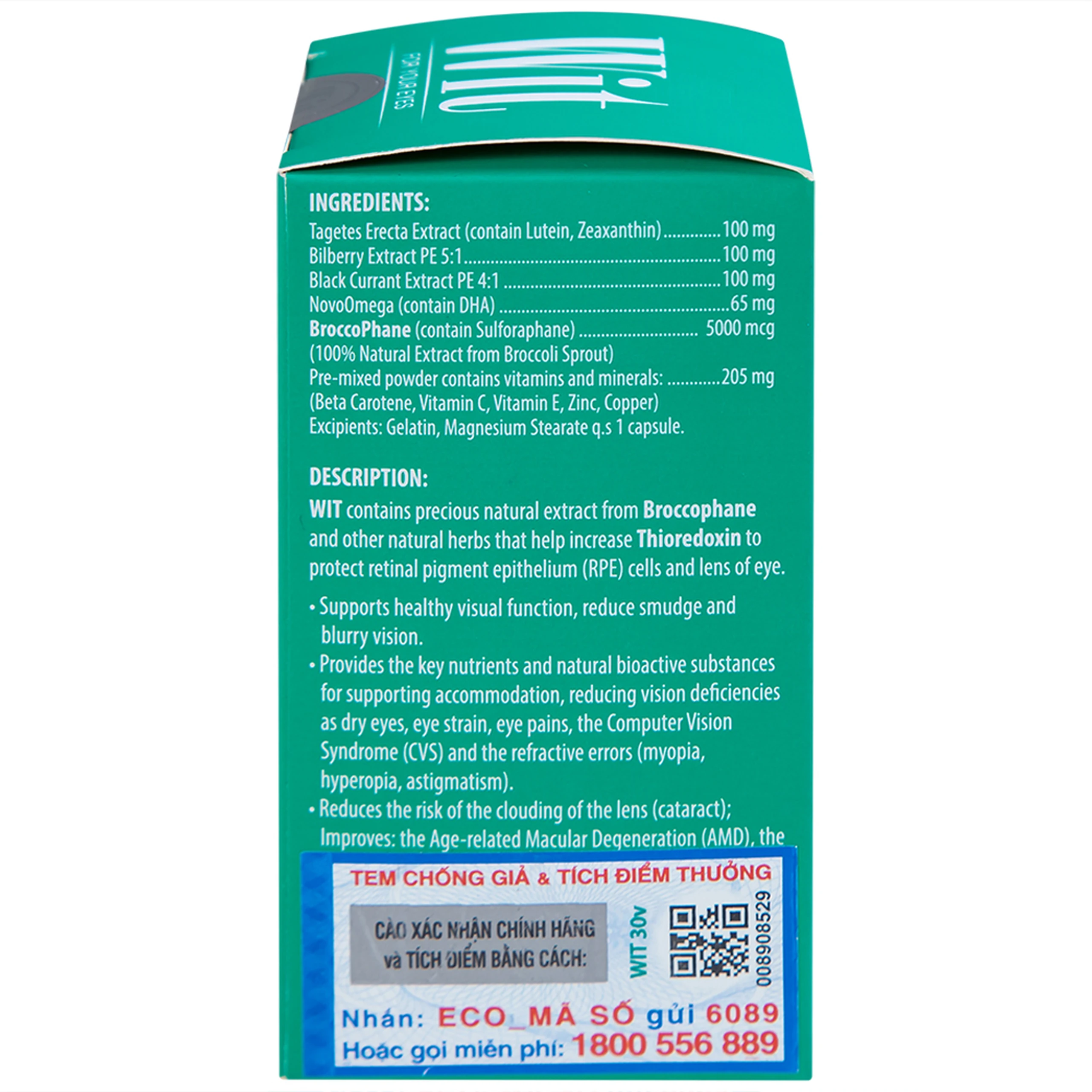 Viên uống tăng cường thị lực giảm mờ và nhòe mắt WIT For Your Eyes (30 viên)