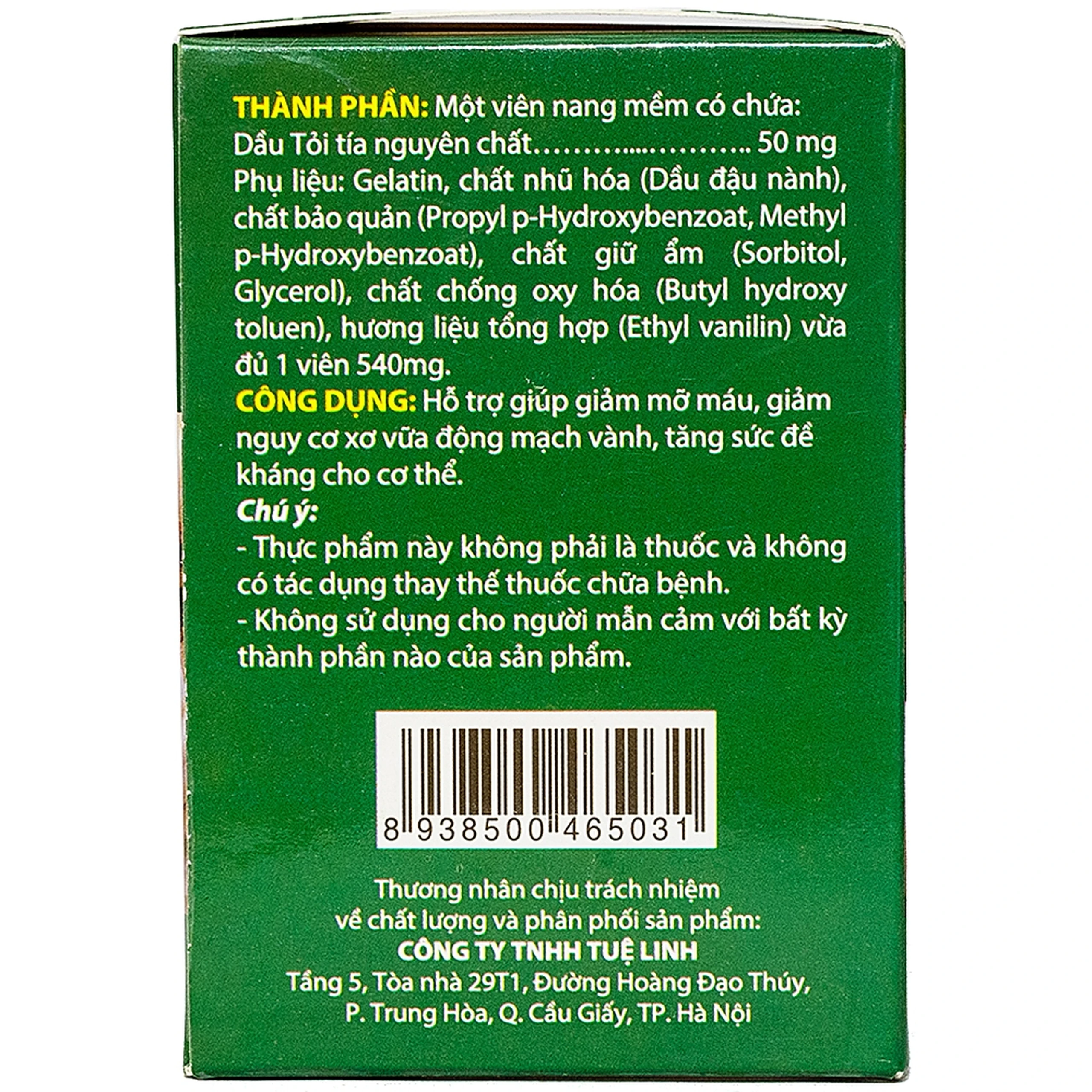 Viên hỗ trợ giúp giảm mỡ máu Dầu Tỏi Tuệ Linh (100 viên)