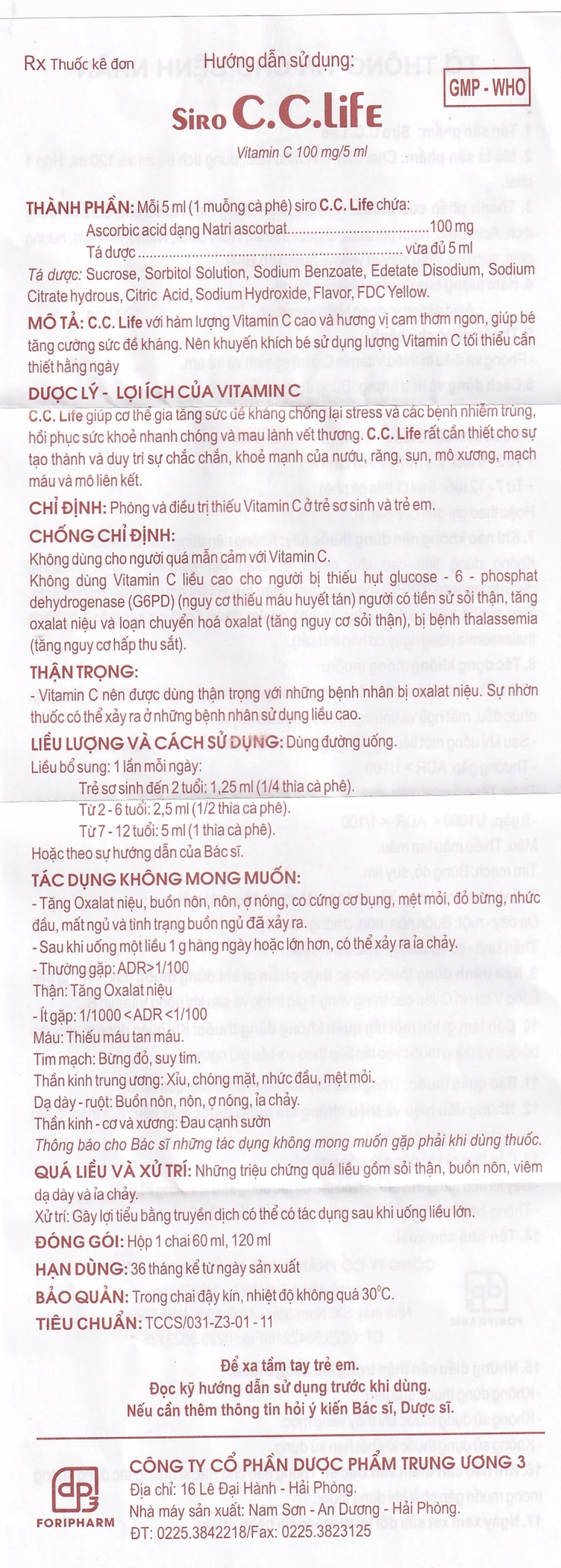 Siro C.C Life 100mg/5ml Foripharm điều trị thiếu vitamin C (60ml)