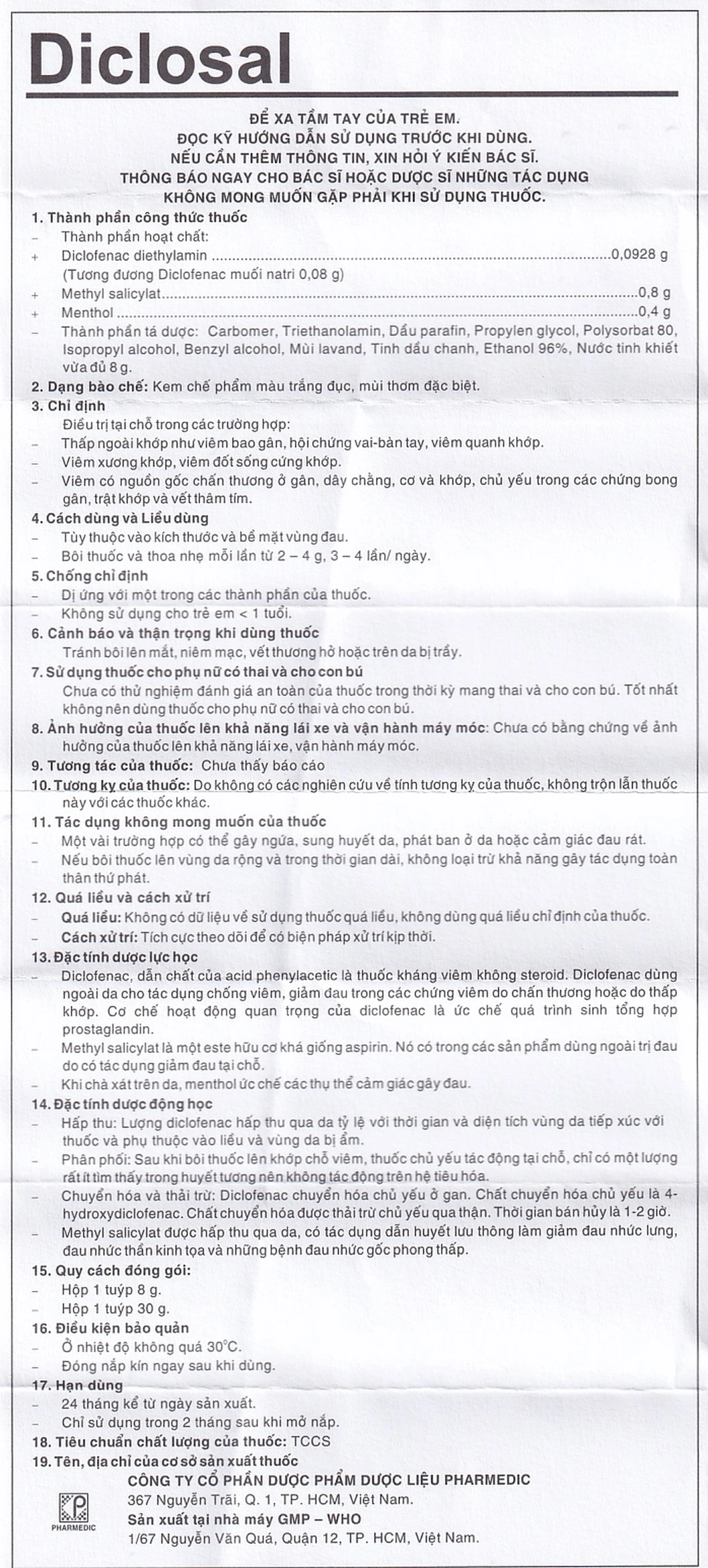 Kem bôi da Diclosal Cream Pharmedic điều trị thấp ngoài khớp, viêm xương khớp (8g)