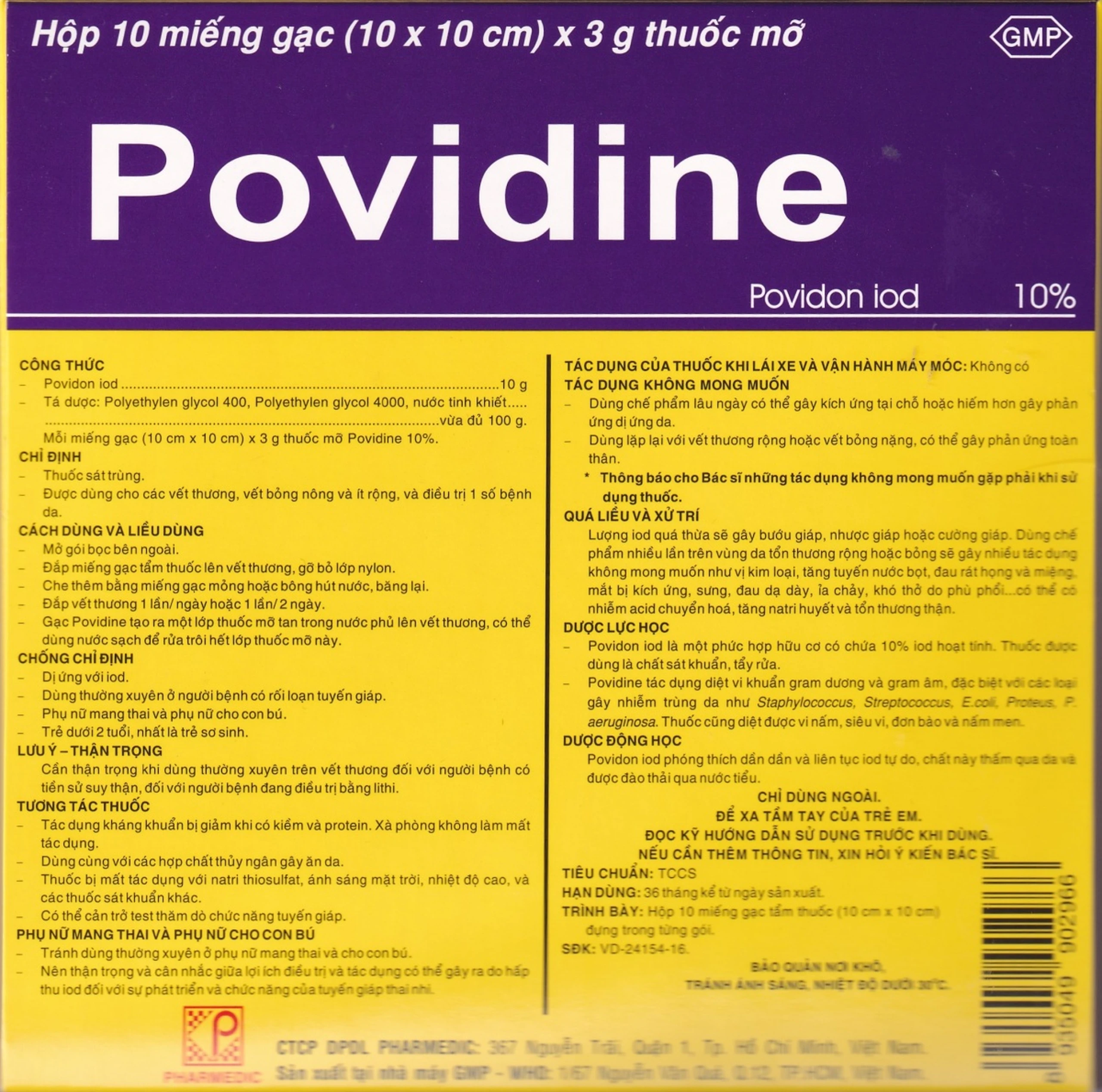Gạc Povidine Pharmedic sát trùng vết thương, vết bỏng nông và ít rộng (10 miếng x 3g)