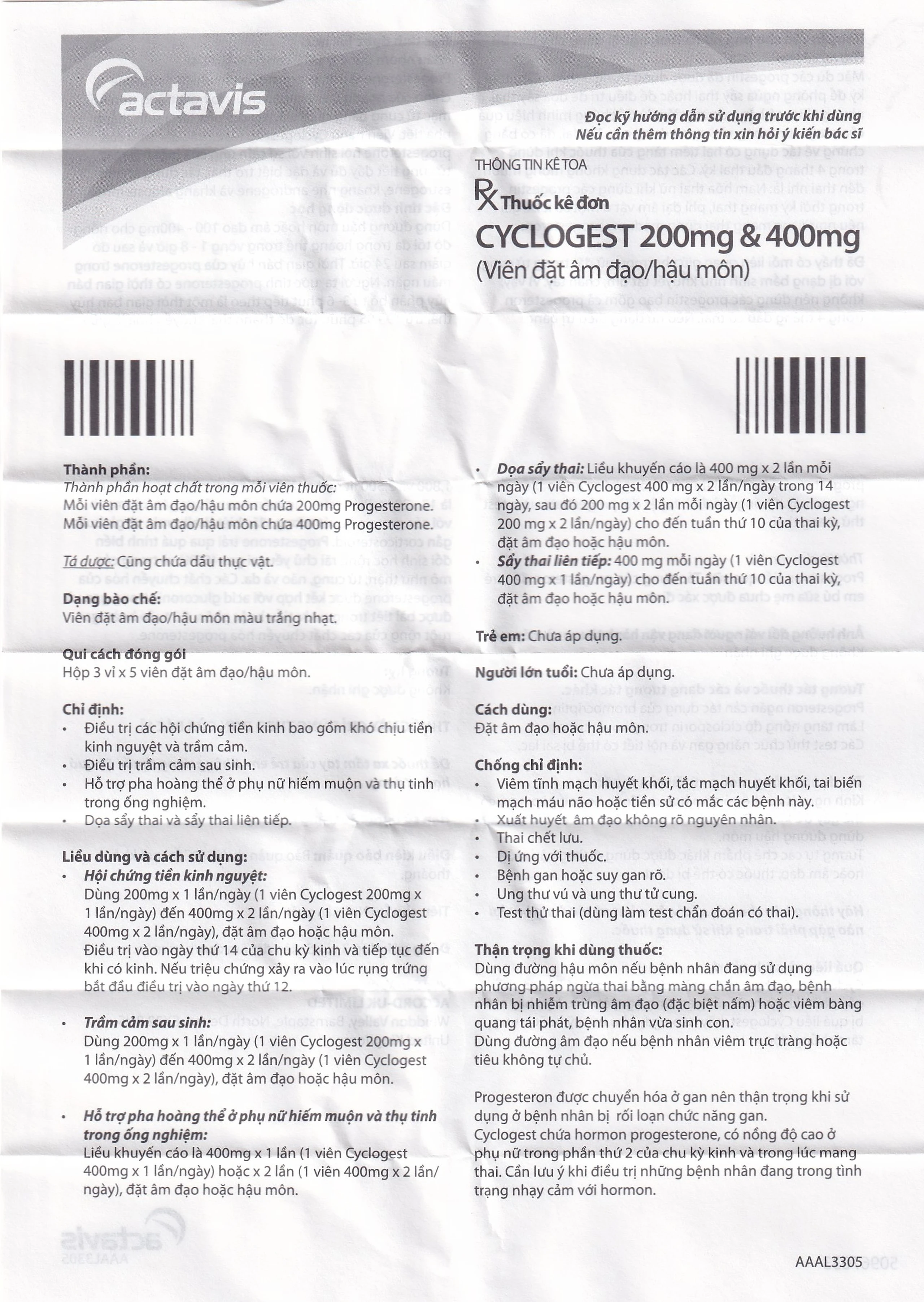 Viên đặt Cyclogest 200mg Actavis điều trị các hội chứng tiền kinh, trầm cảm (3 vỉ x 5 viên)