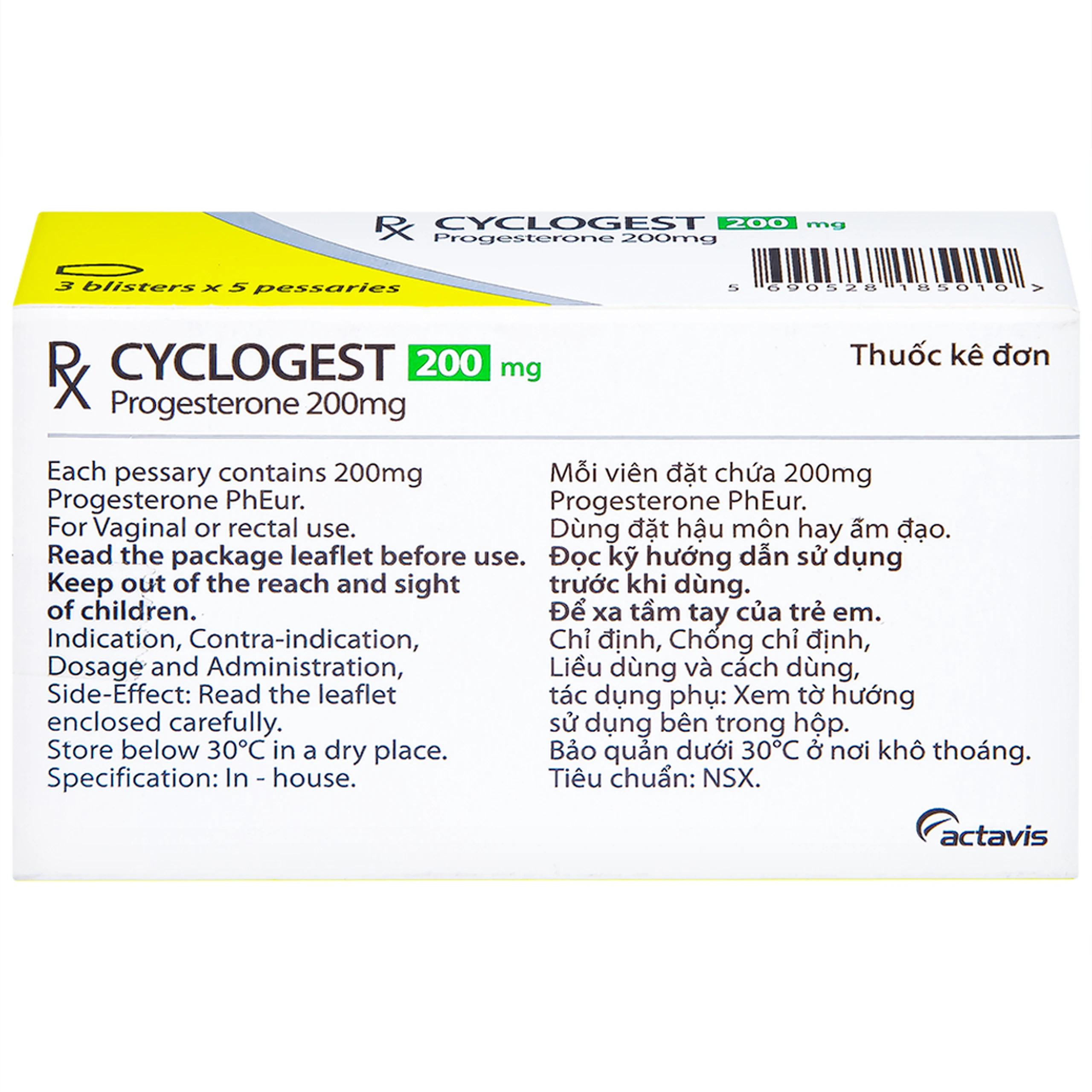 Viên đặt Cyclogest 200mg Actavis điều trị các hội chứng tiền kinh, trầm cảm (3 vỉ x 5 viên)