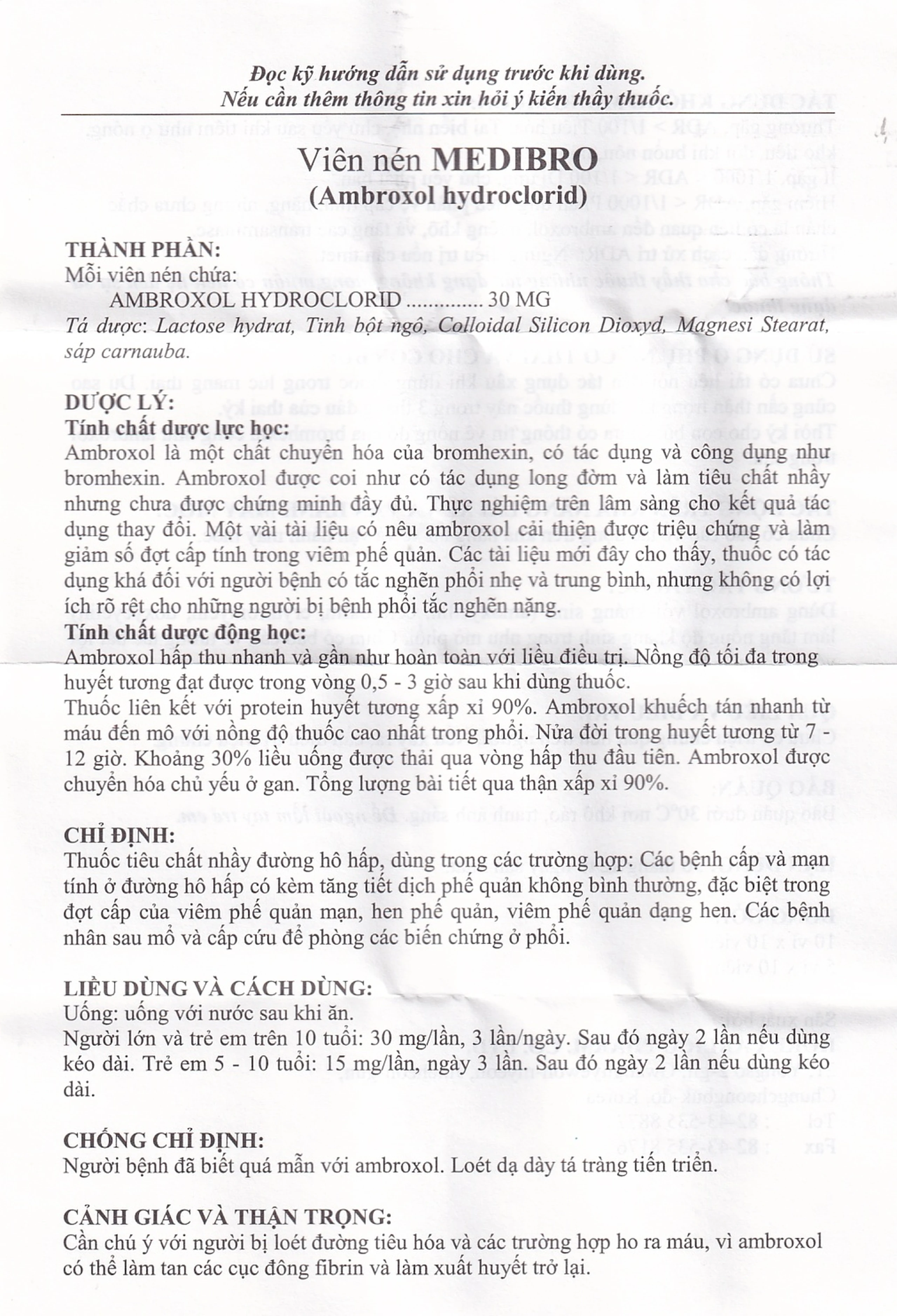 Viên nén Medibro 30mg Arlico tiêu chất nhầy đường hô hấp (10 vỉ x 10 viên)