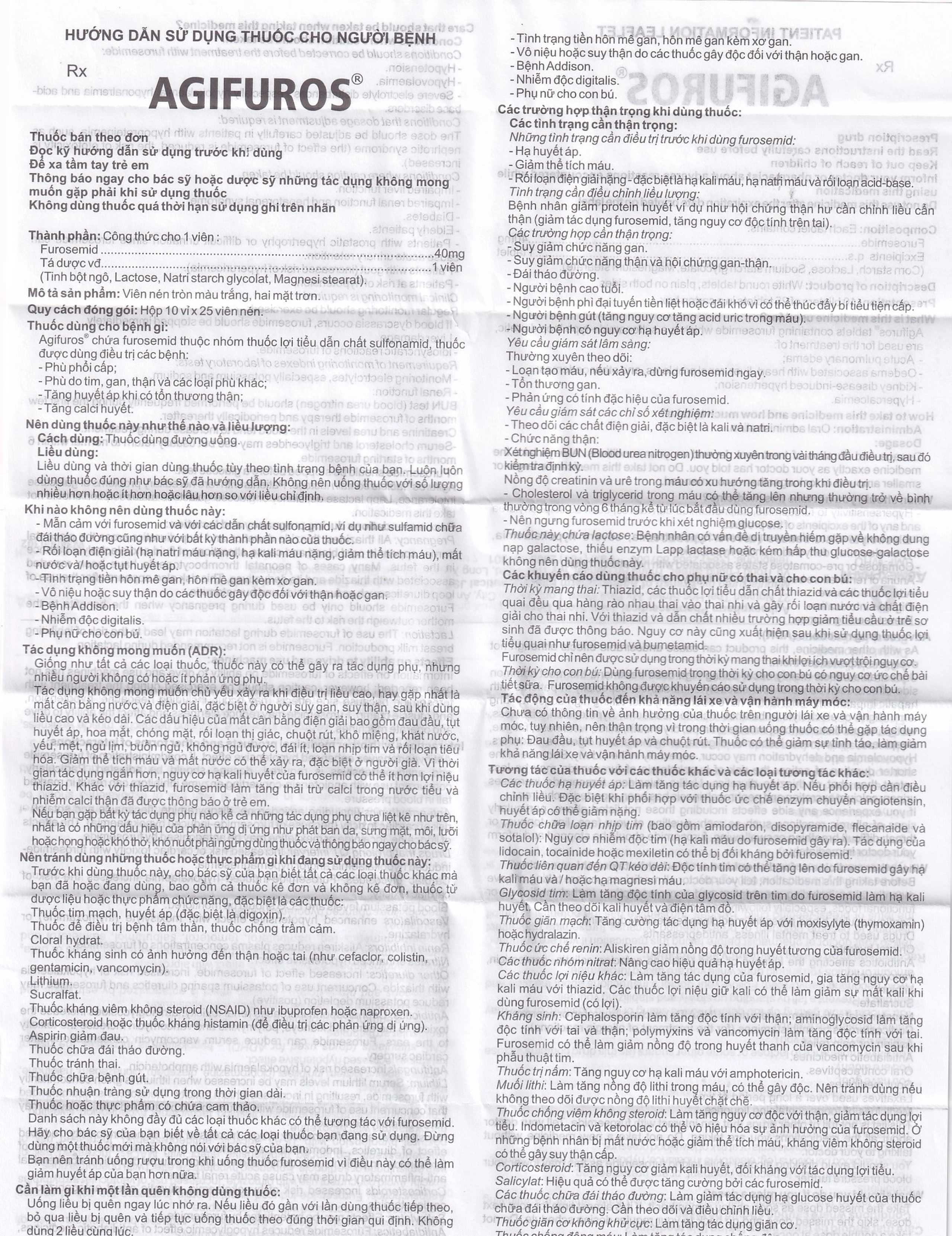 Thuốc Agifuros 40mg Agimexpharm điều trị phù phổi cấp, phù do tim, gan, thận (10 vỉ x 25 viên)