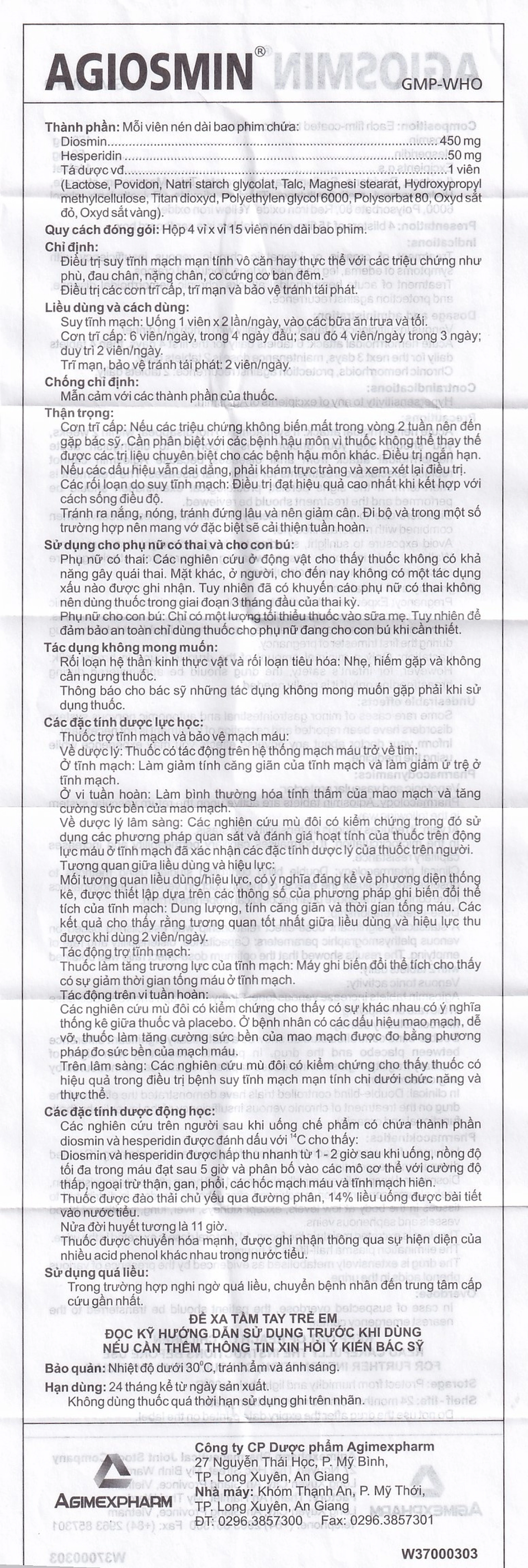 Thuốc Agiosmin Agimexpharm điều trị suy tĩnh mạch mạn tính (4 vỉ x 15 viên)