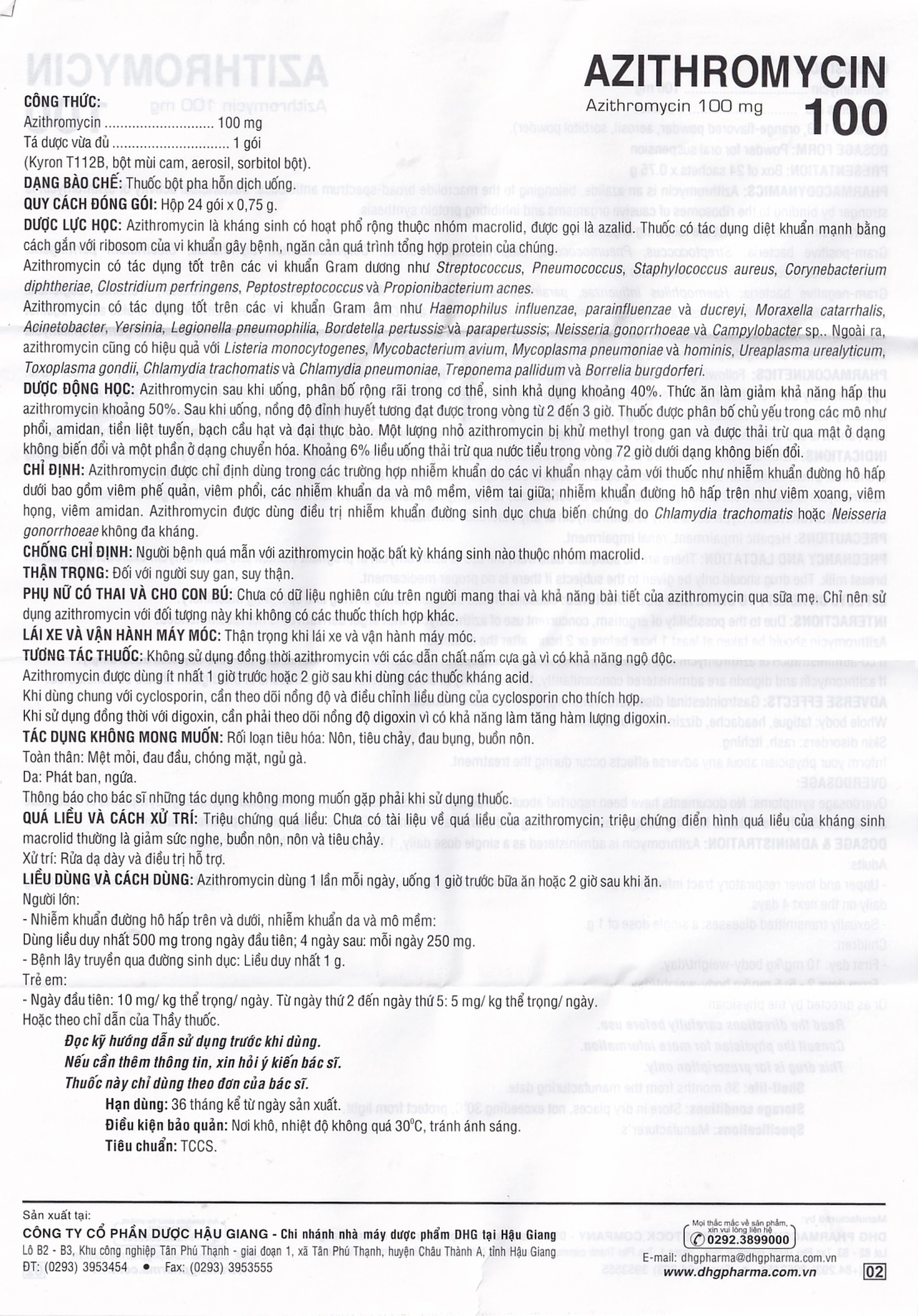 Bột Azithromycin 100 DHG điều trị nhiễm khuẩn (24 gói)