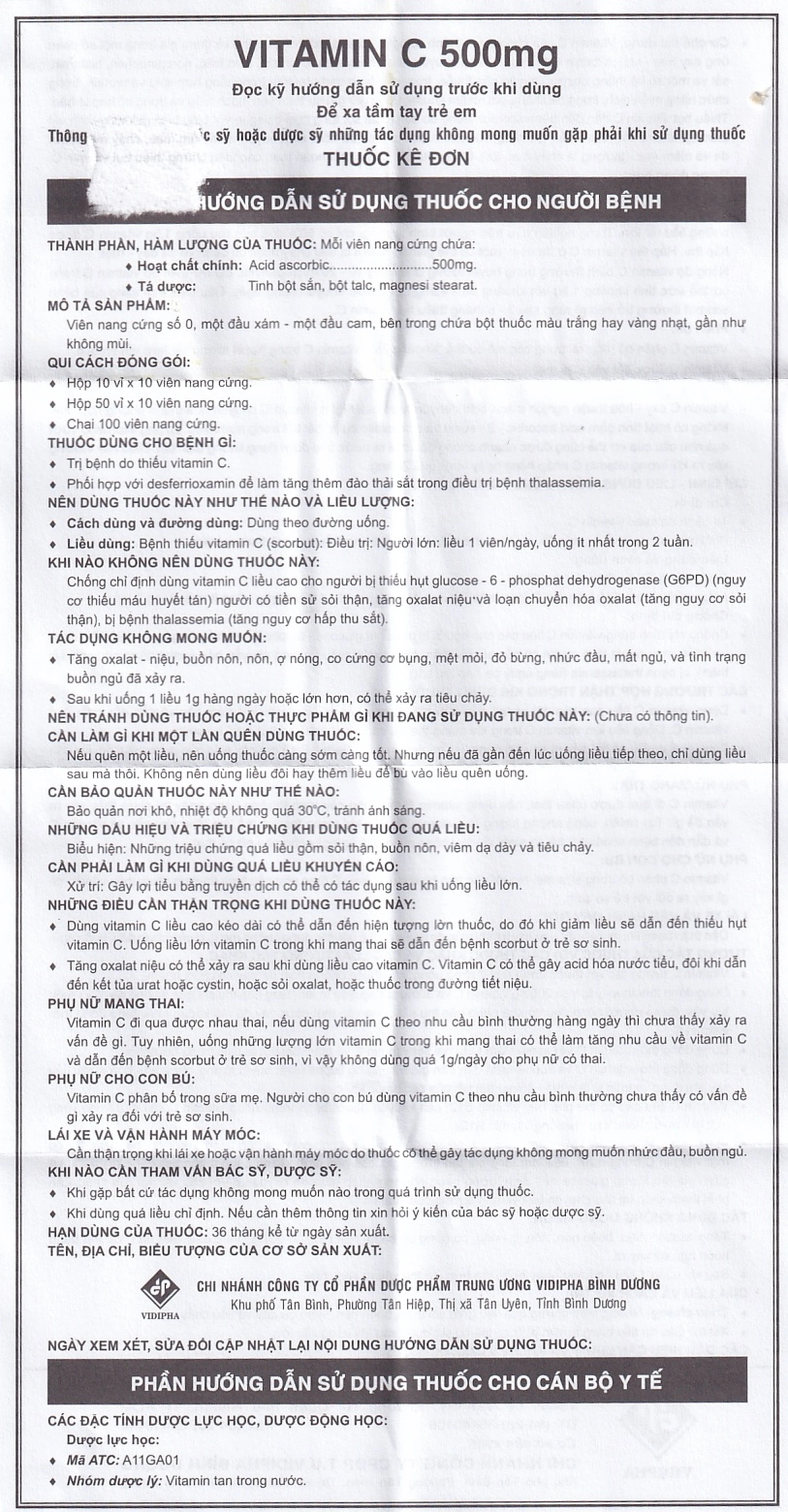 Thuốc Vitamin C 500mg Vidipha điều trị bệnh do thiếu Vitamin C (100 viên)