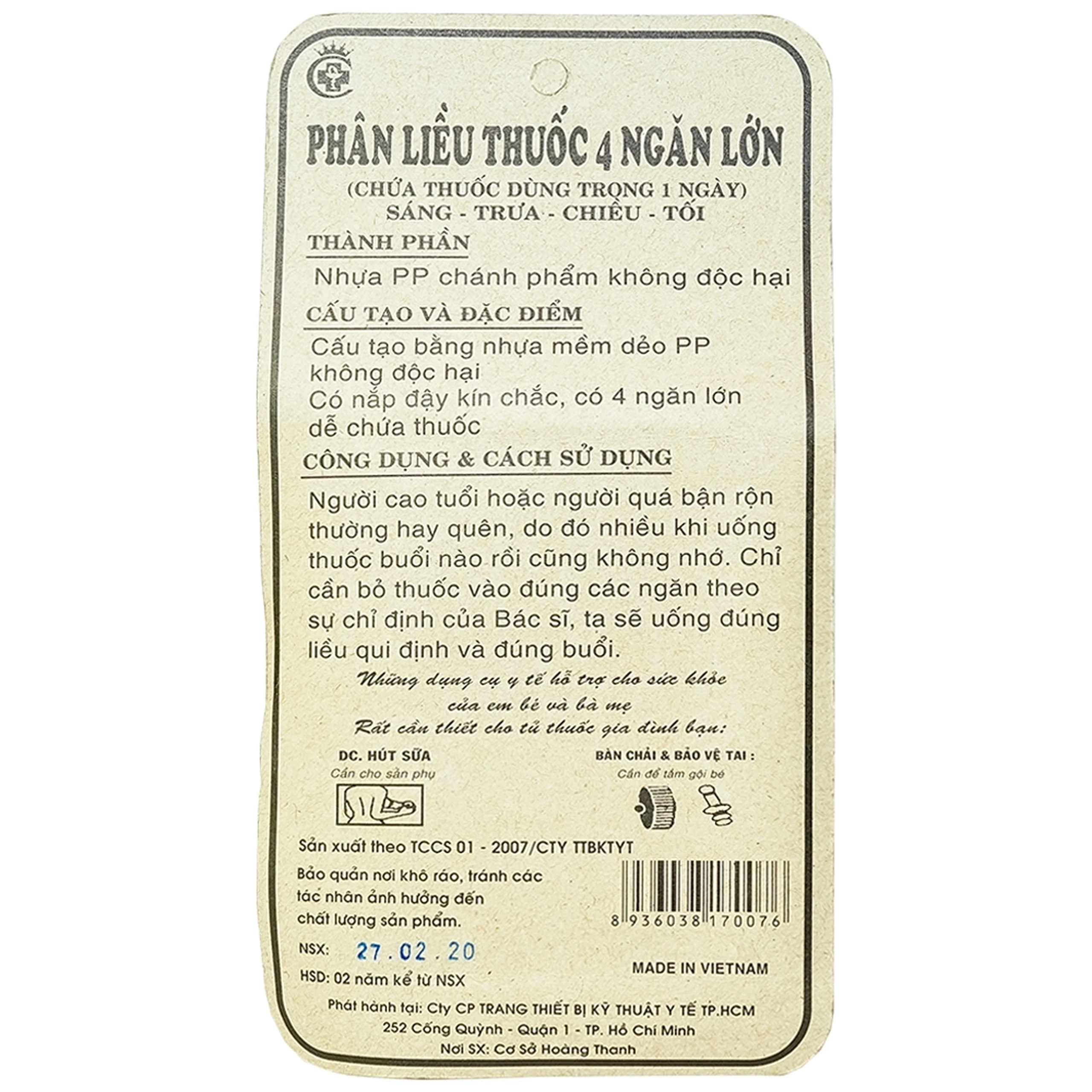 Hộp phân liều thuốc 4 ngăn vuông lớn giúp phân chia liều lượng thuốc trong ngày