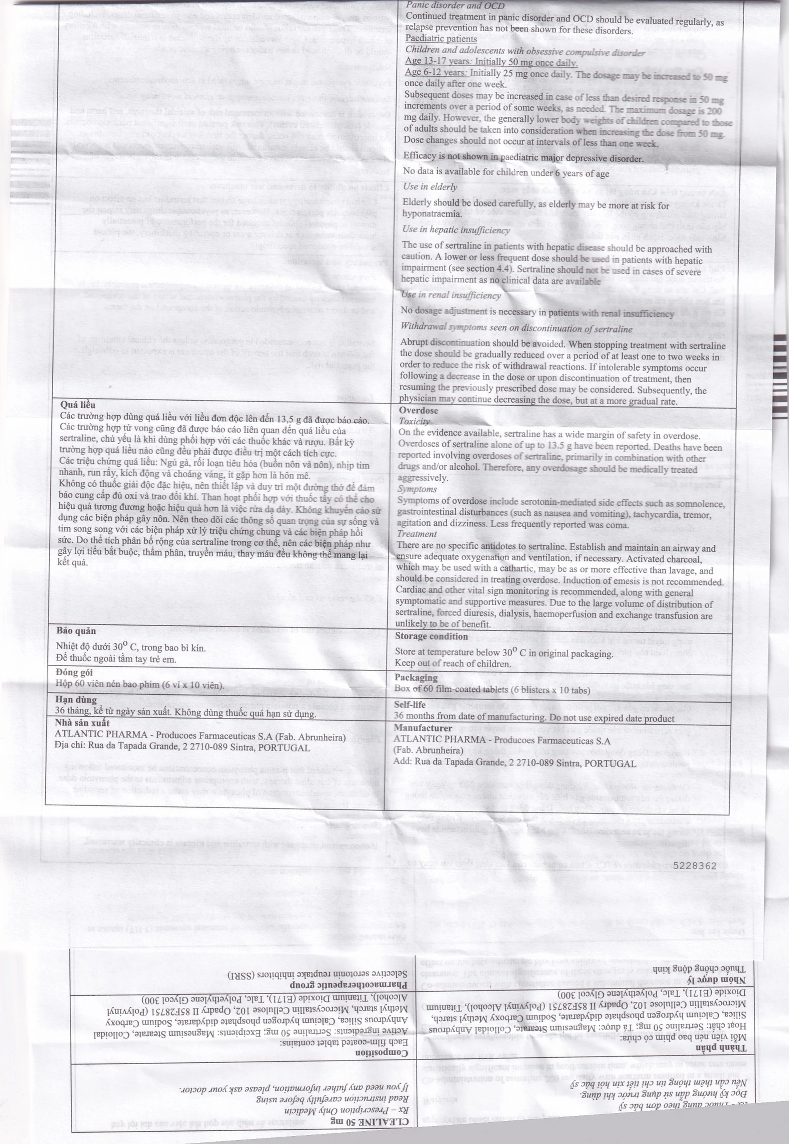 Thuốc Clealine 50mg Atlantic điều trị triệu chứng trầm cảm, rối loạn cưỡng bức ám ảnh (6 vỉ x 10 viên)