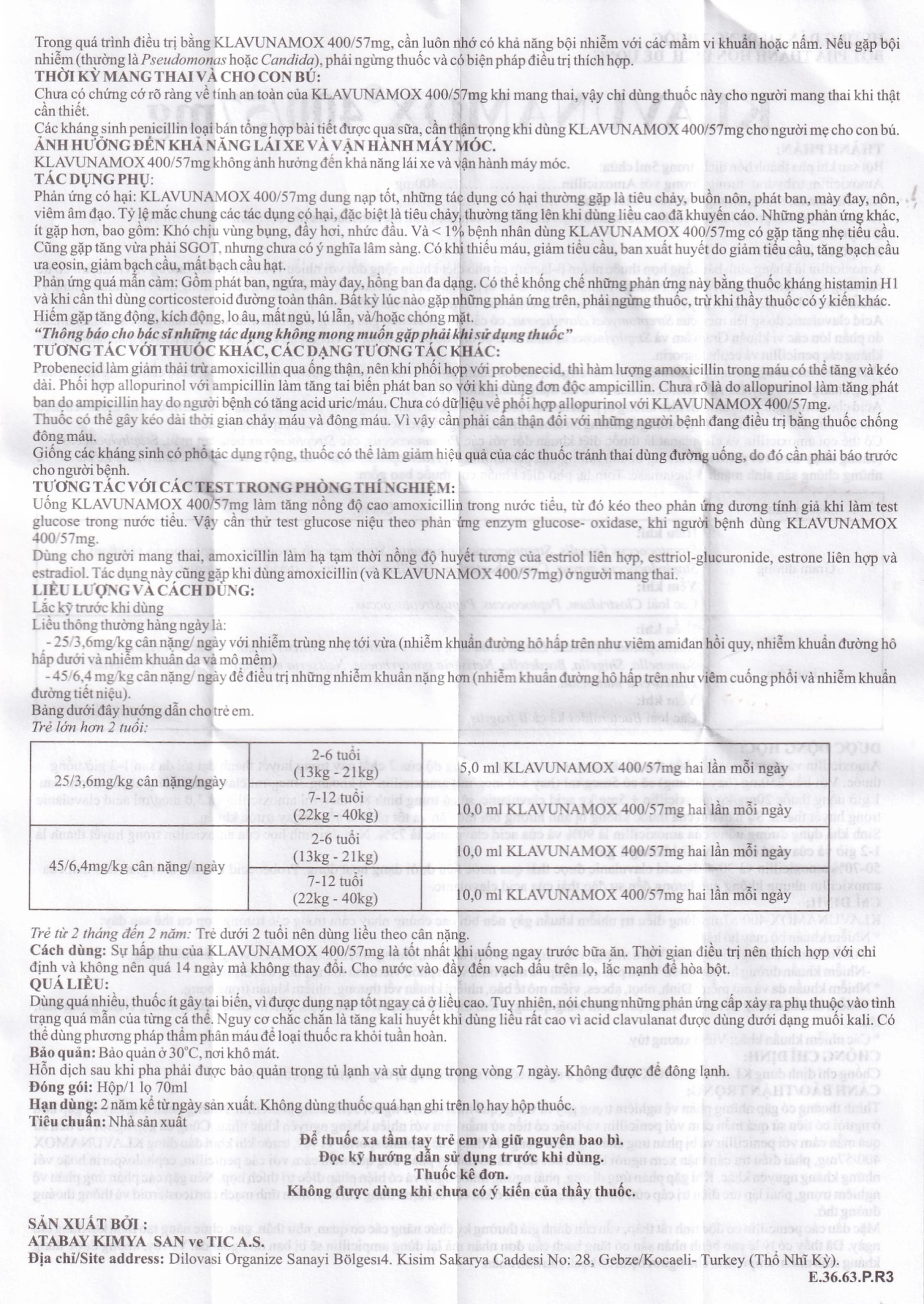 Bột pha hỗn dịch uống Klavunamox 400/57mg Atabay điều trị nhiễm khuẩn nặng đường hô hấp (70ml)