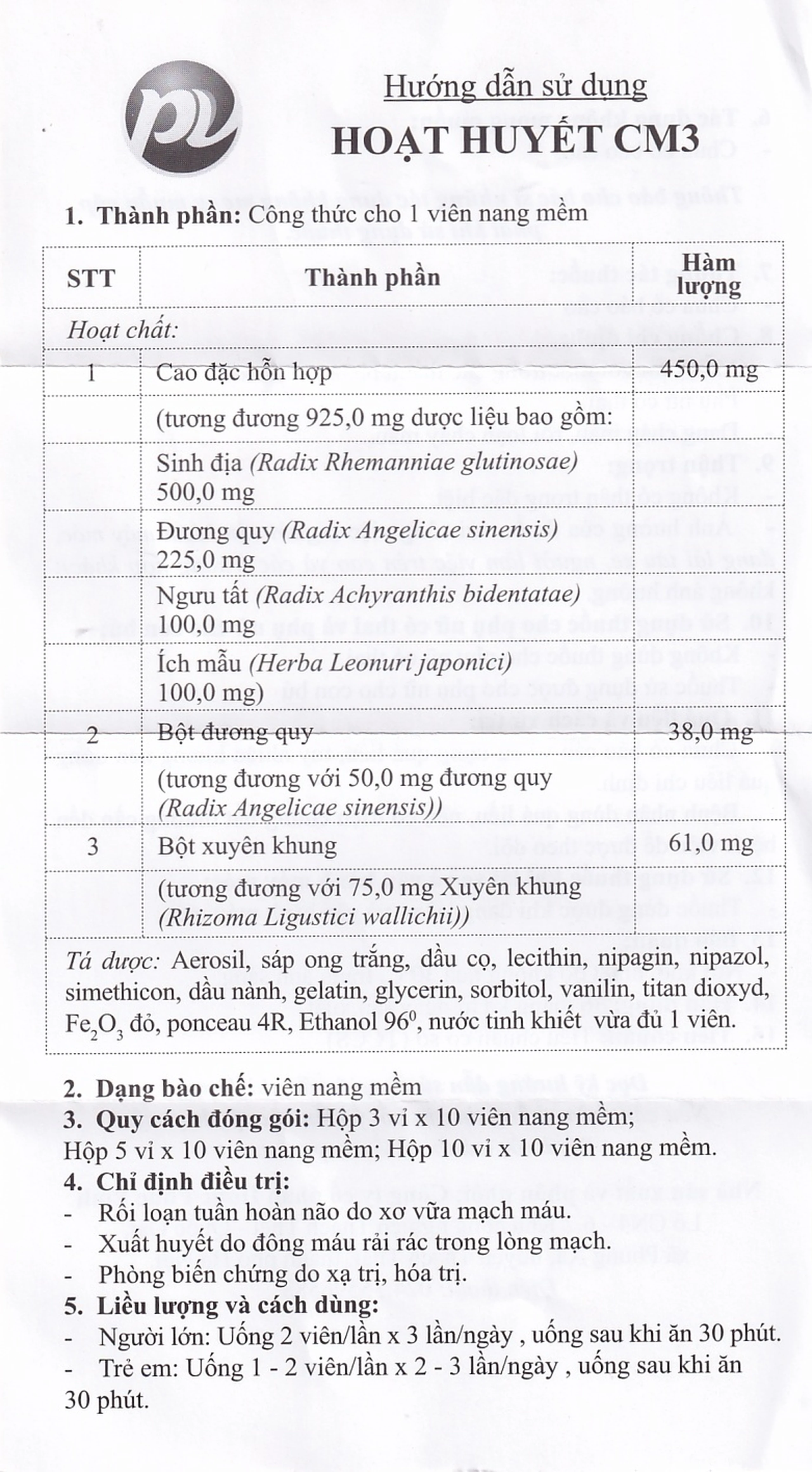 Thuốc Hoạt Huyết CM3 Phúc Vinh điều trị rối loạn tuần hoàn não do xơ vữa mạch máu (3 vỉ x 10 viên)