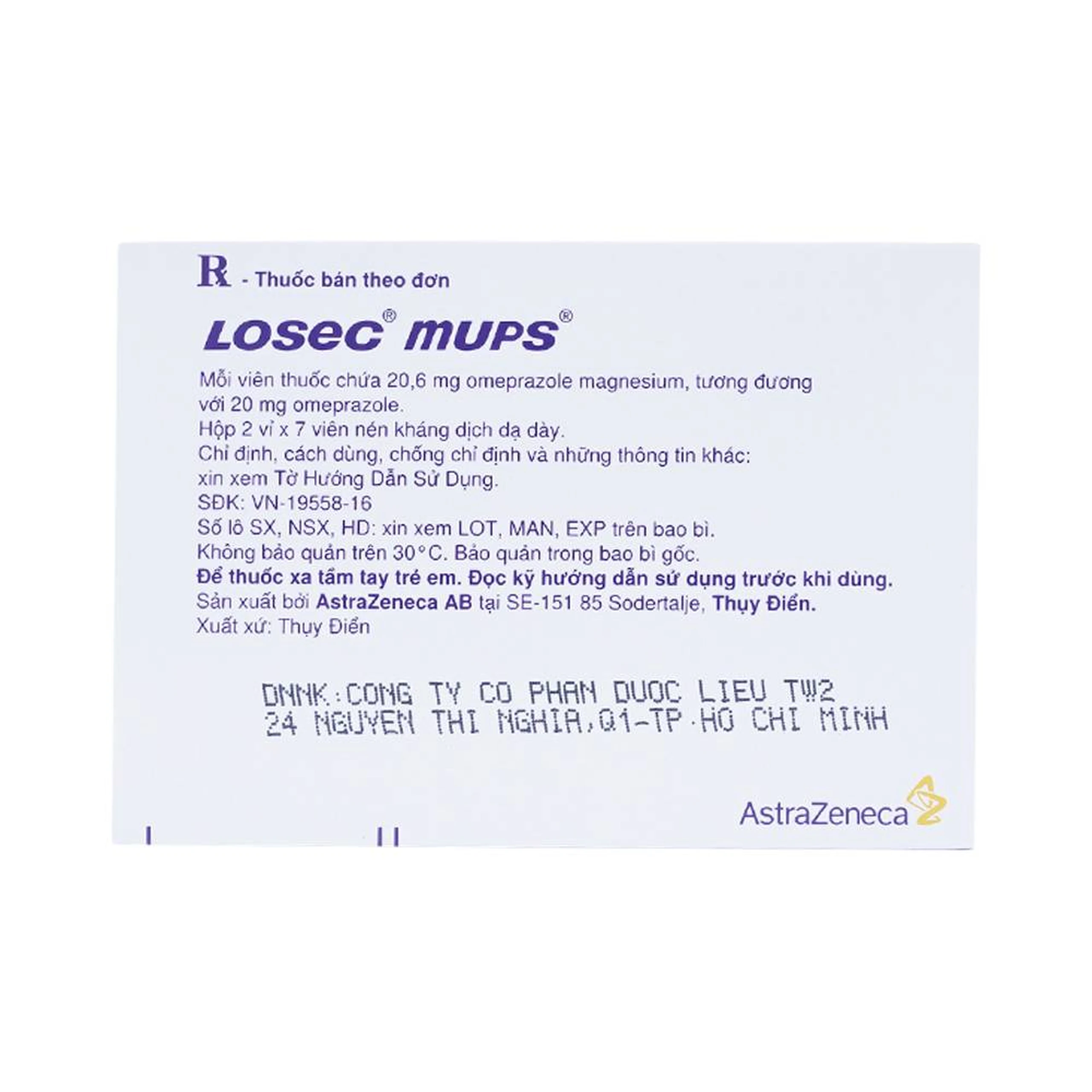 Viên nén Losec Mups 20mg AstraZeneca điều trị loét tá tràng, dạ dày (2 vỉ x 7 viên)