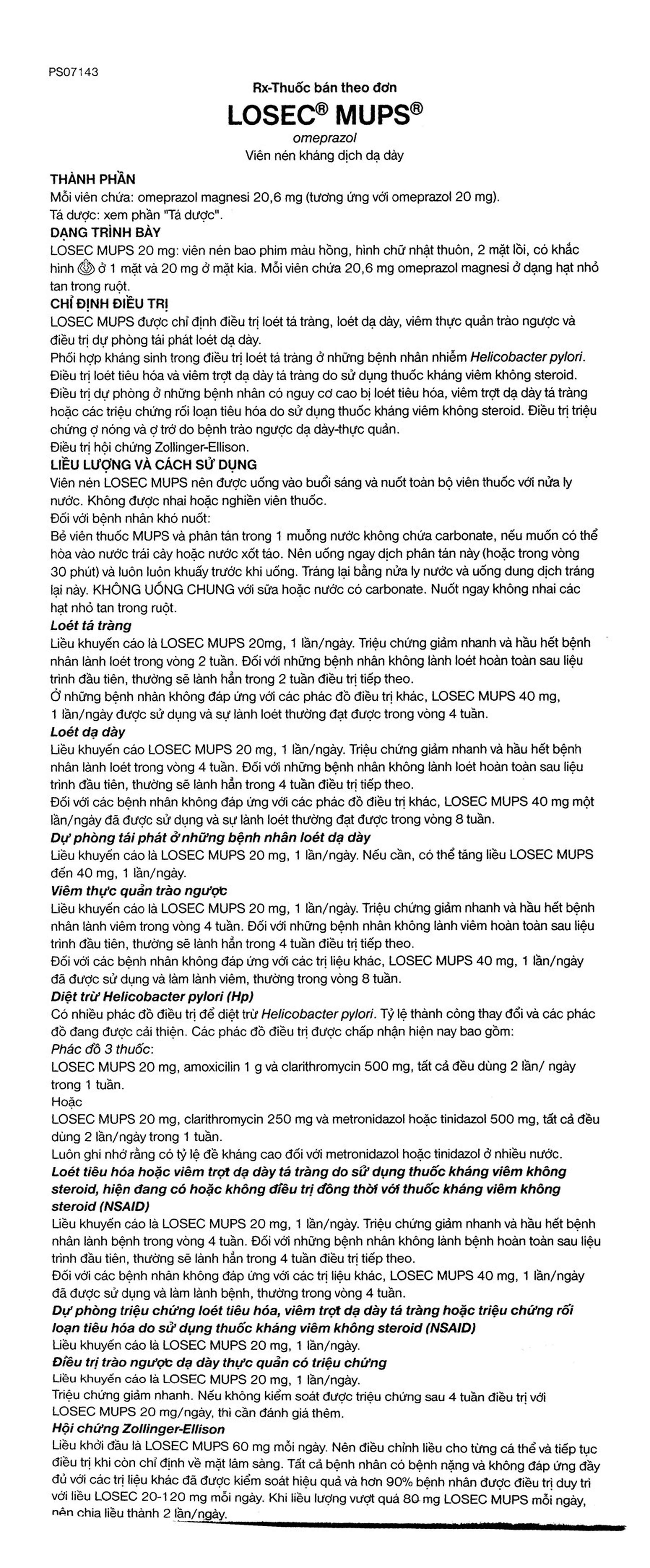Viên nén Losec Mups 20mg AstraZeneca điều trị loét tá tràng, dạ dày (2 vỉ x 7 viên)