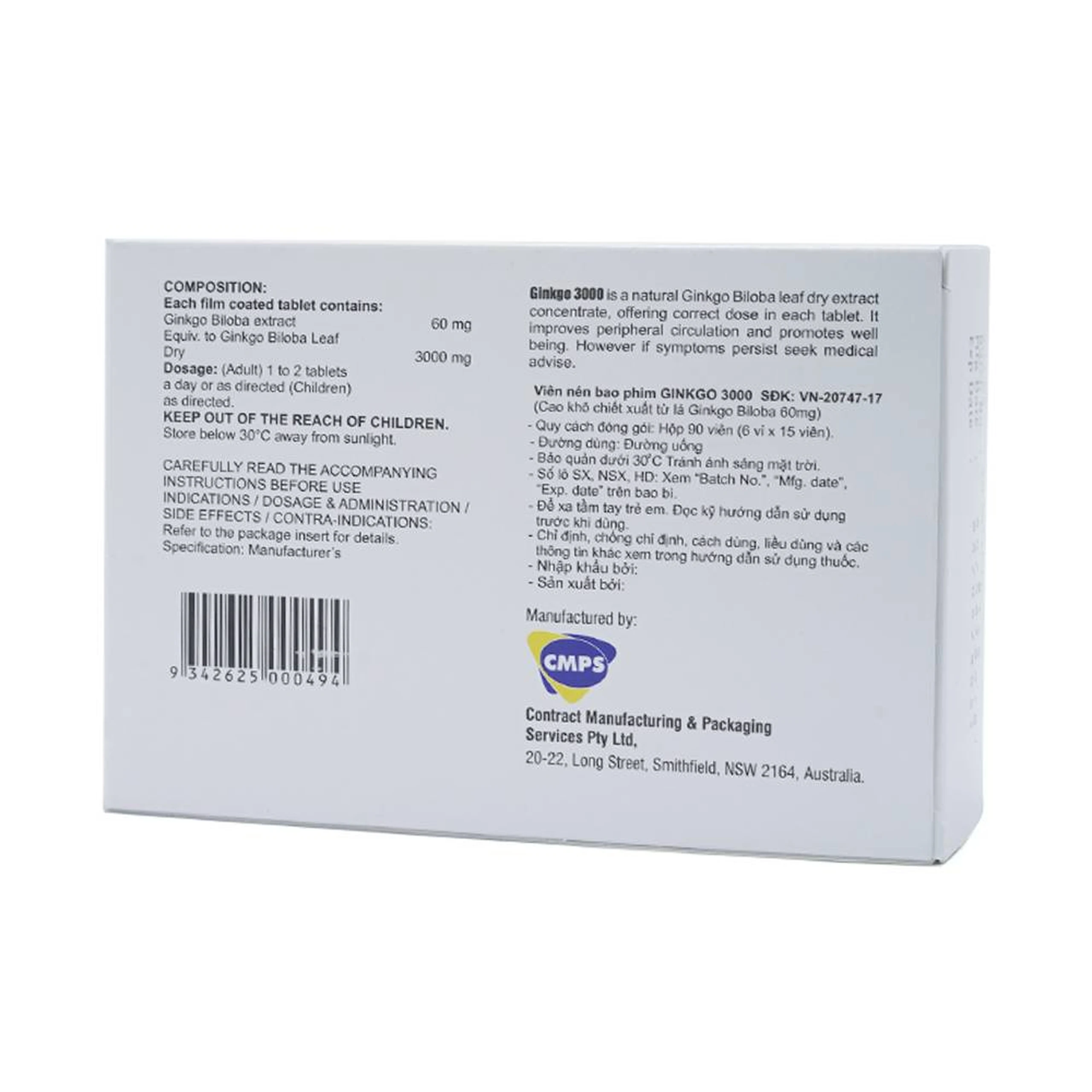 Thuốc Ginkgo 3000 CMPS điều trị suy giảm tuần hoàn máu (6 vỉ x 15 viên)