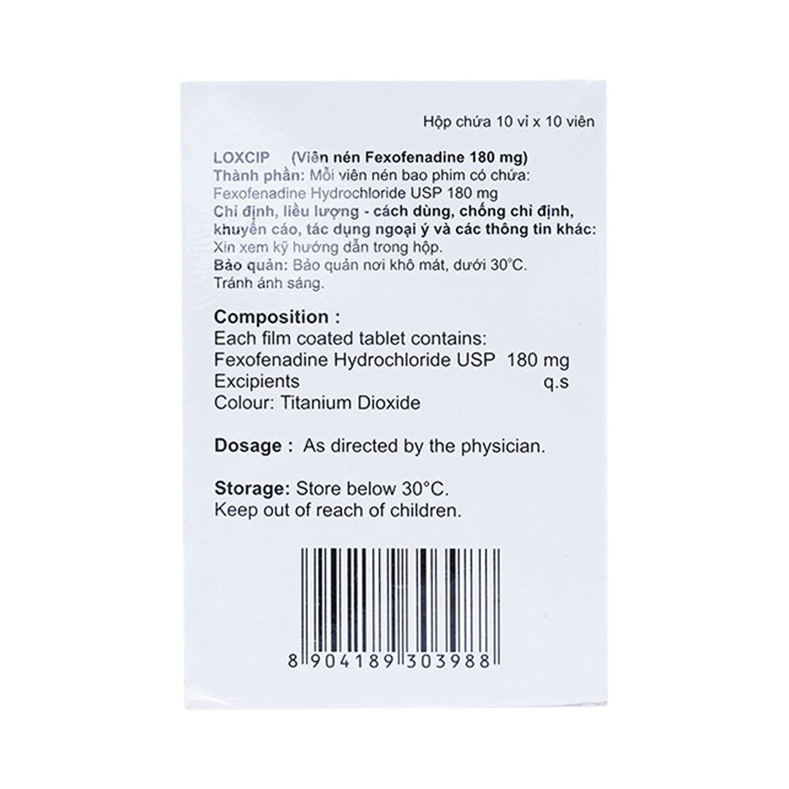 Viên nén Loxcip 180mg Aurochem Pharma điều trị các chứng viêm mũi dị ứng (10 vỉ x 10 viên)