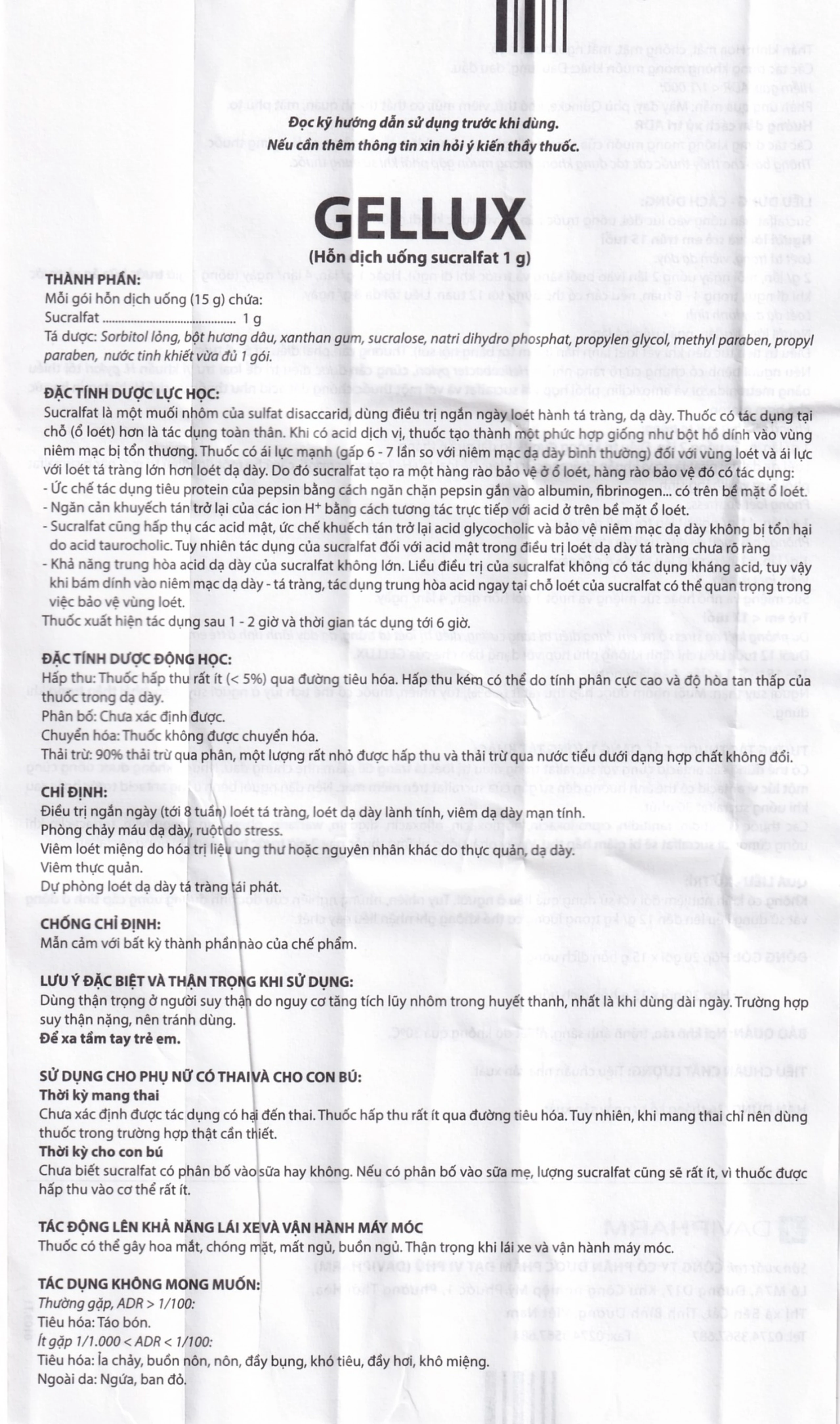 Hỗn dịch uống Gellux 1g Davipharm điều trị ngắn ngày loét tá tràng, dạ dày lành tính (20 gói x 15g)