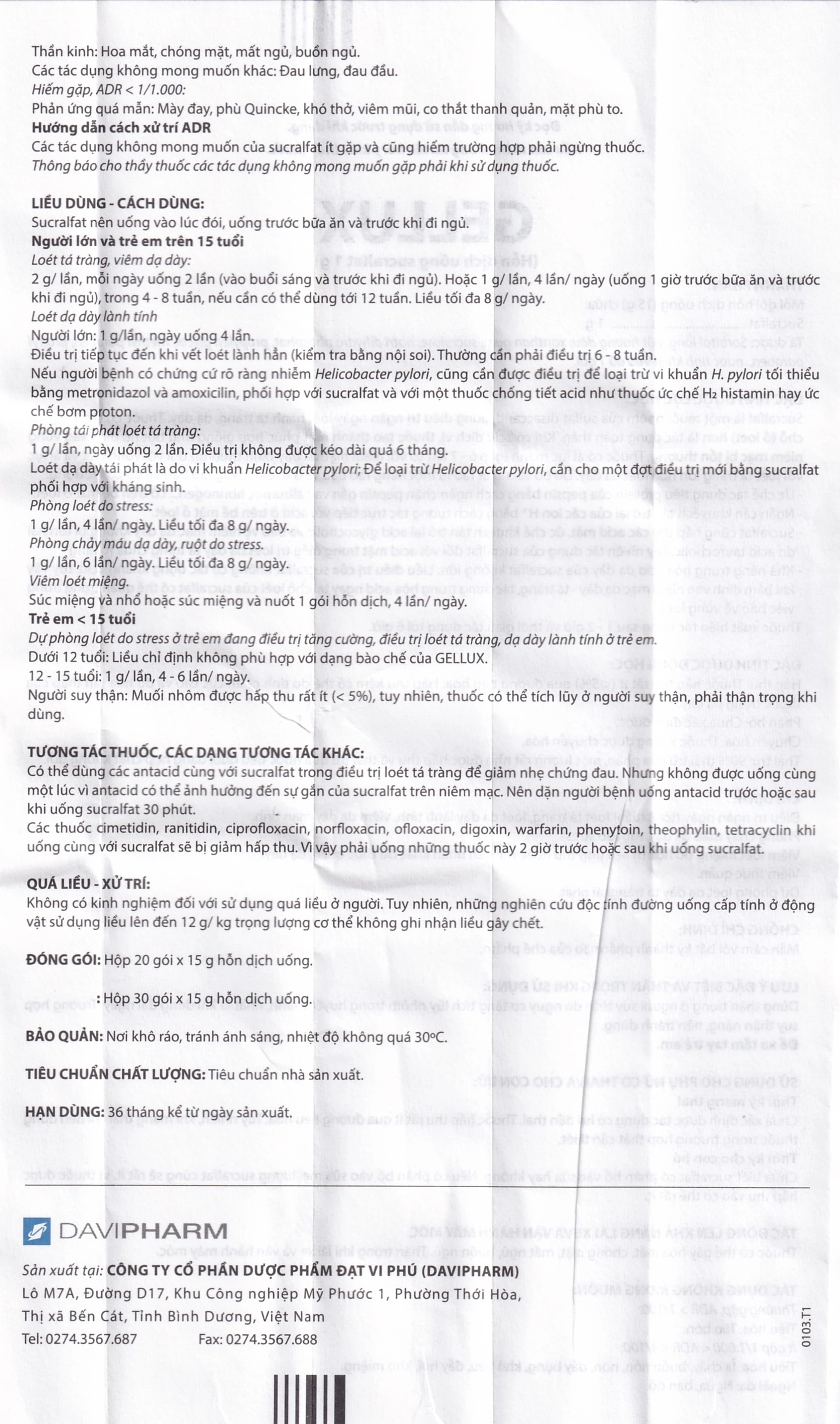 Hỗn dịch uống Gellux 1g Davipharm điều trị ngắn ngày loét tá tràng, dạ dày lành tính (20 gói x 15g)