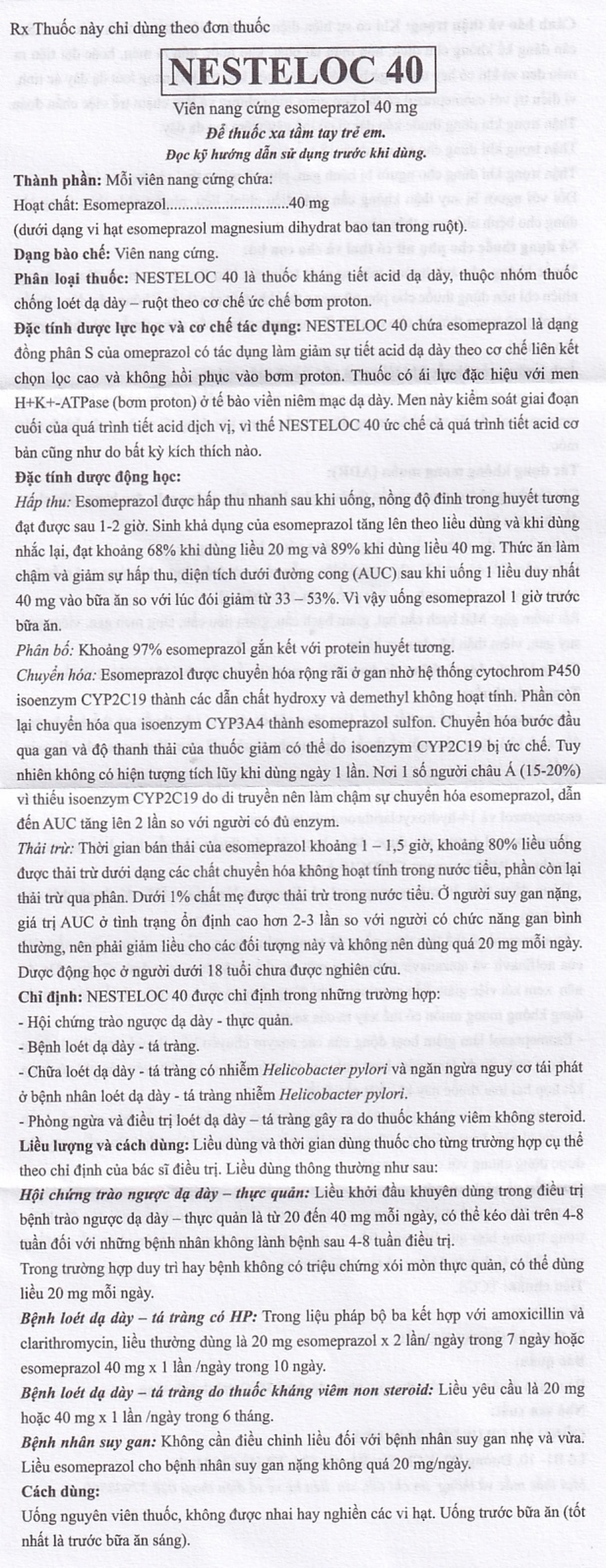 Thuốc Nesteloc 40 USP dùng ức chế bài tiết dịch vị acid dạ dày (3 vỉ x 10 viên)