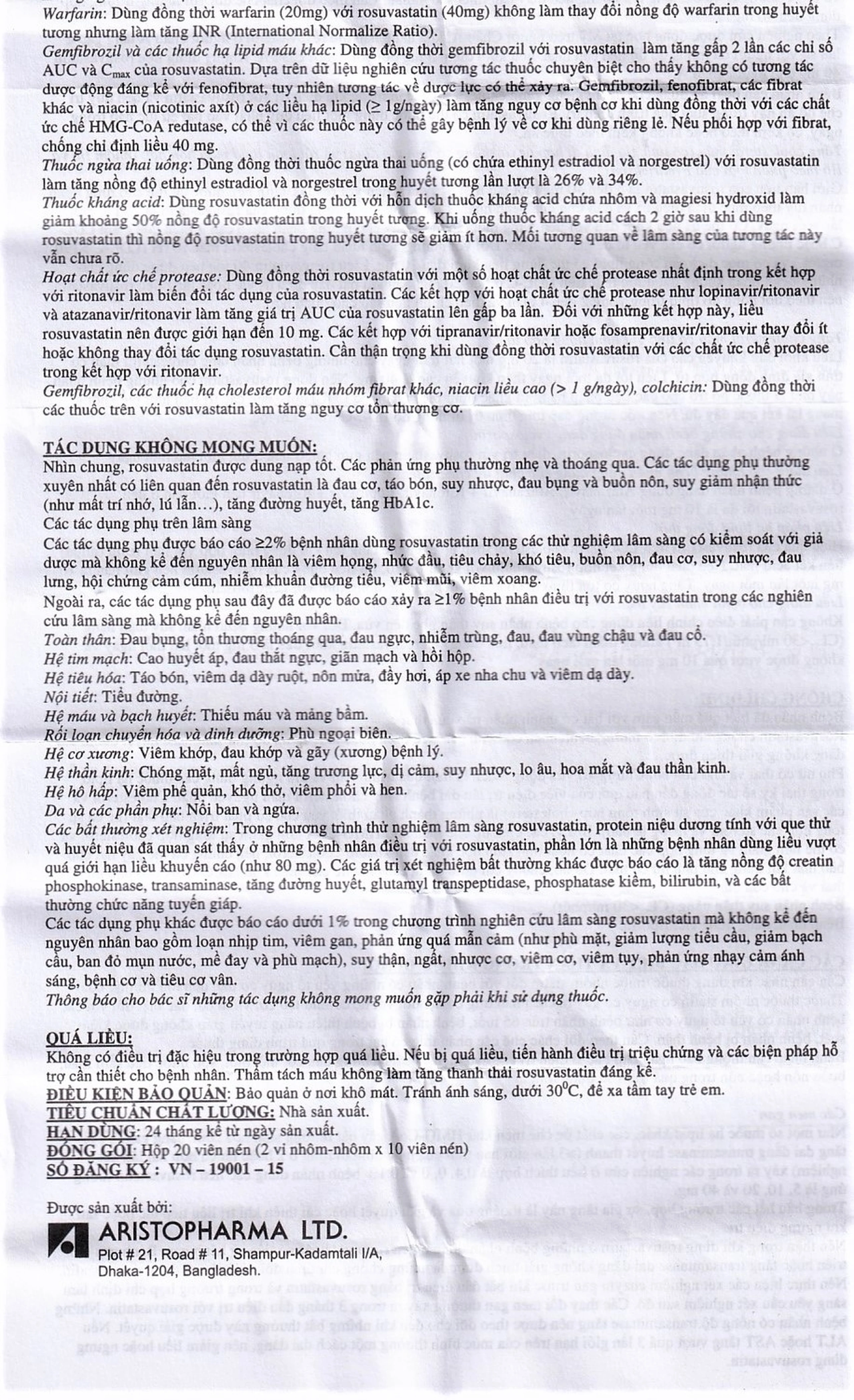 Thuốc Ruvastin 10mg Aristopharma giảm sự gia tăng cholesterol toàn phần (20 viên)