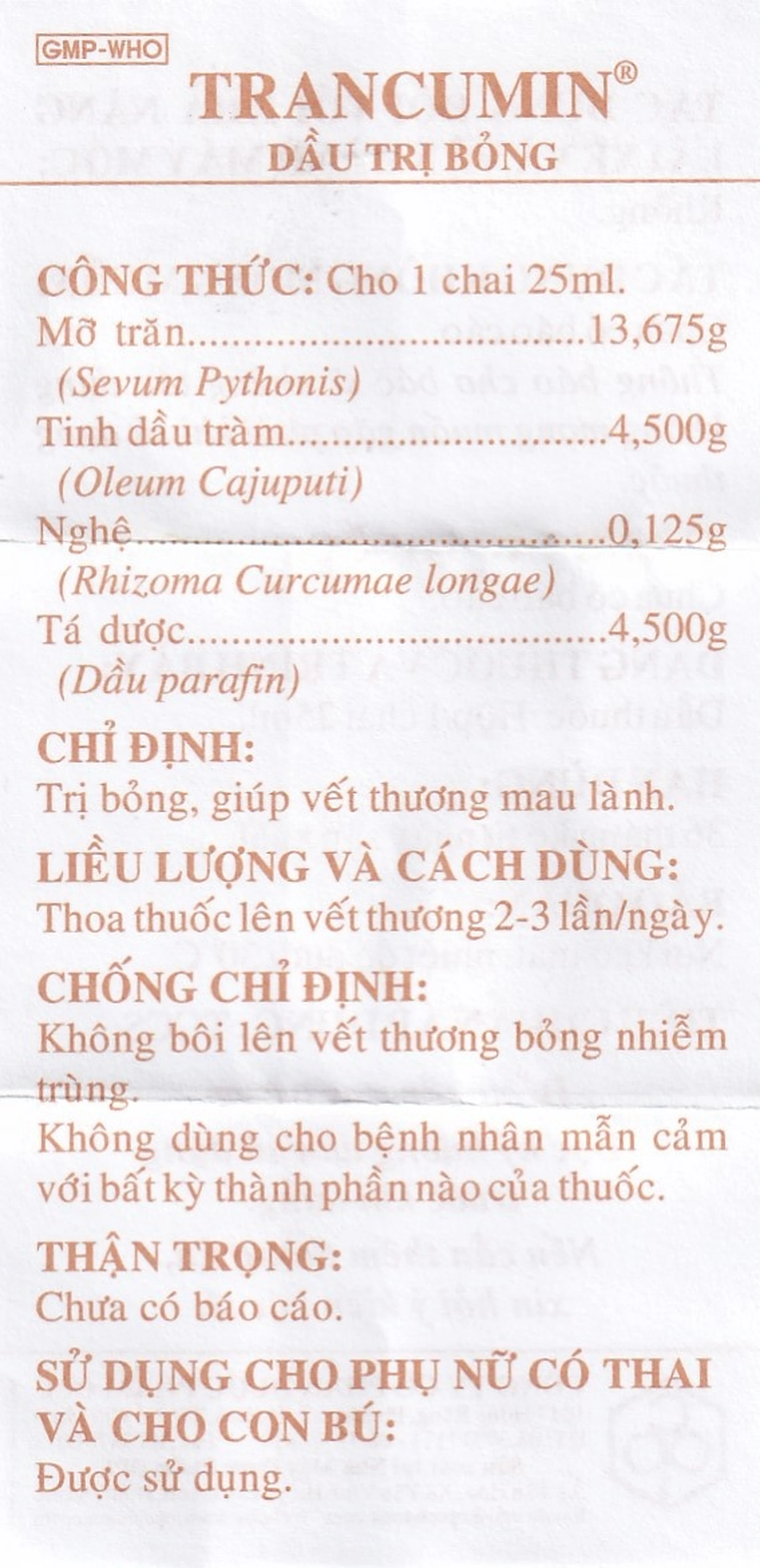 Dầu trị bỏng Trancumin OPC giúp vết thương mau lành (25ml) 