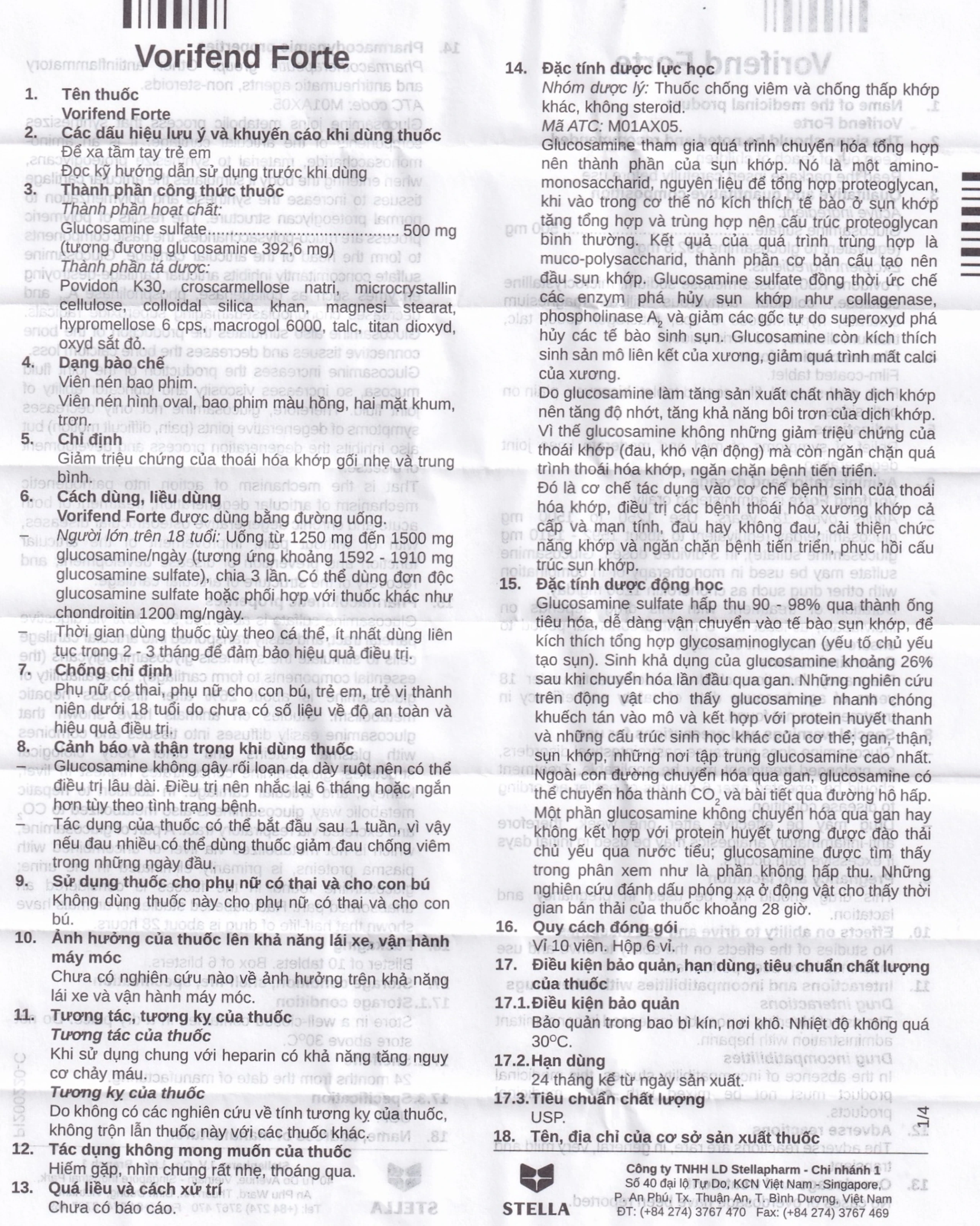 Thuốc Vorifend Forte 500mg Stella giảm triệu chứng của thoái hoá khớp gối (6 vỉ x 10 viên)