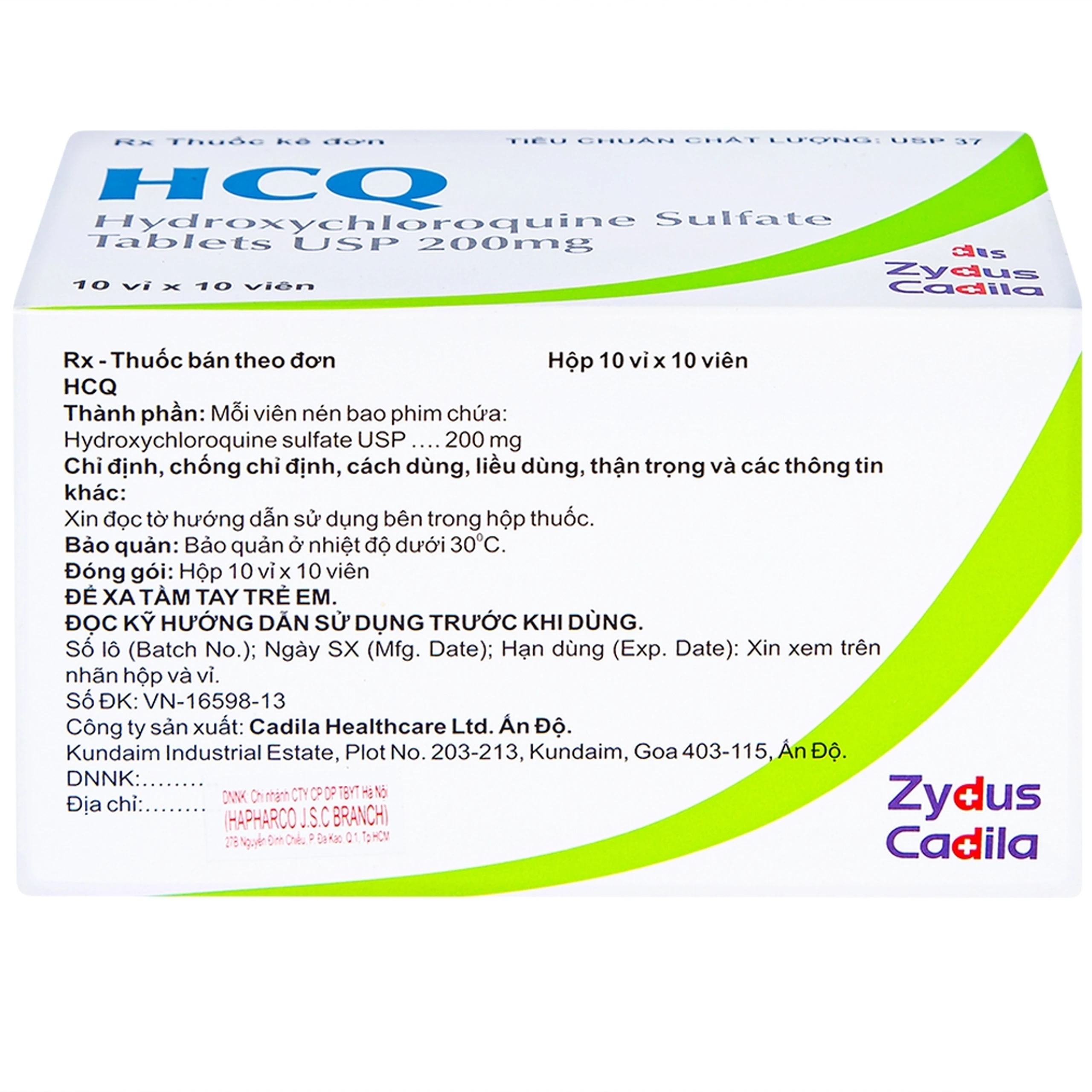 Thuốc HCQ 200mg Zydus Cadila điều trị sốt rét cấp tính, lupus ban đỏ (10 vỉ x 10 viên)