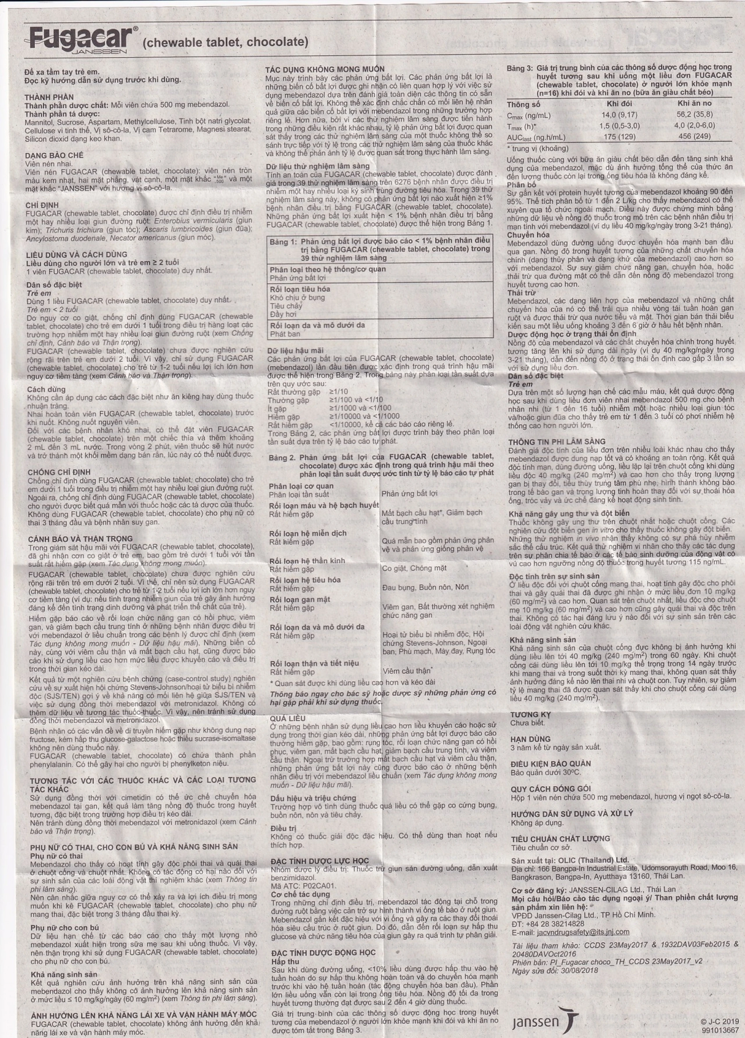 Thuốc Fugacar Janssen hương socola điều trị nhiễm một hay nhiều loại giun đường ruột (1 viên)