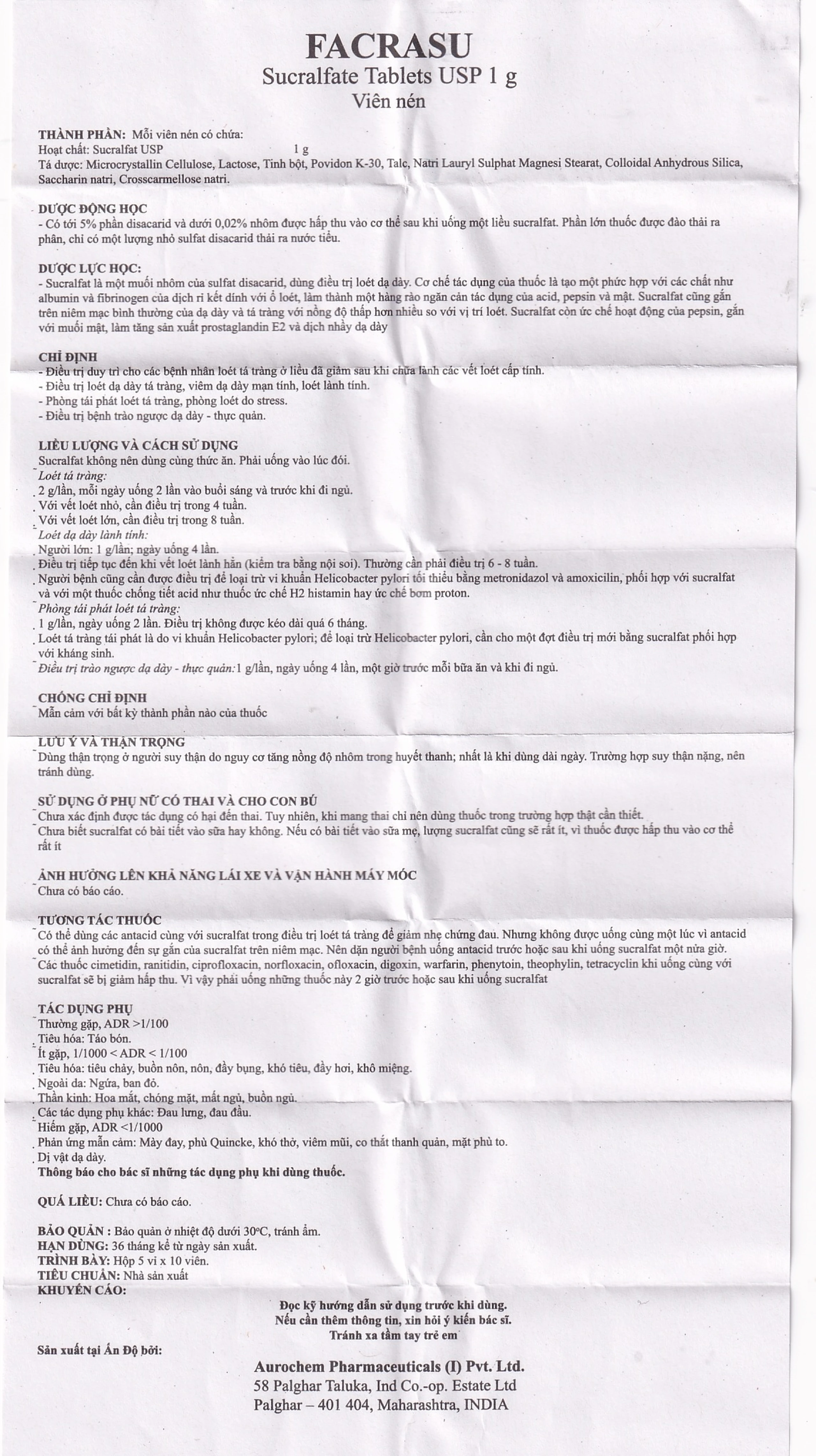 Thuốc Facrasu 1g Aurochem Pharma điều trị loét dạ dày tá tràng (5 vỉ x 10 viên)