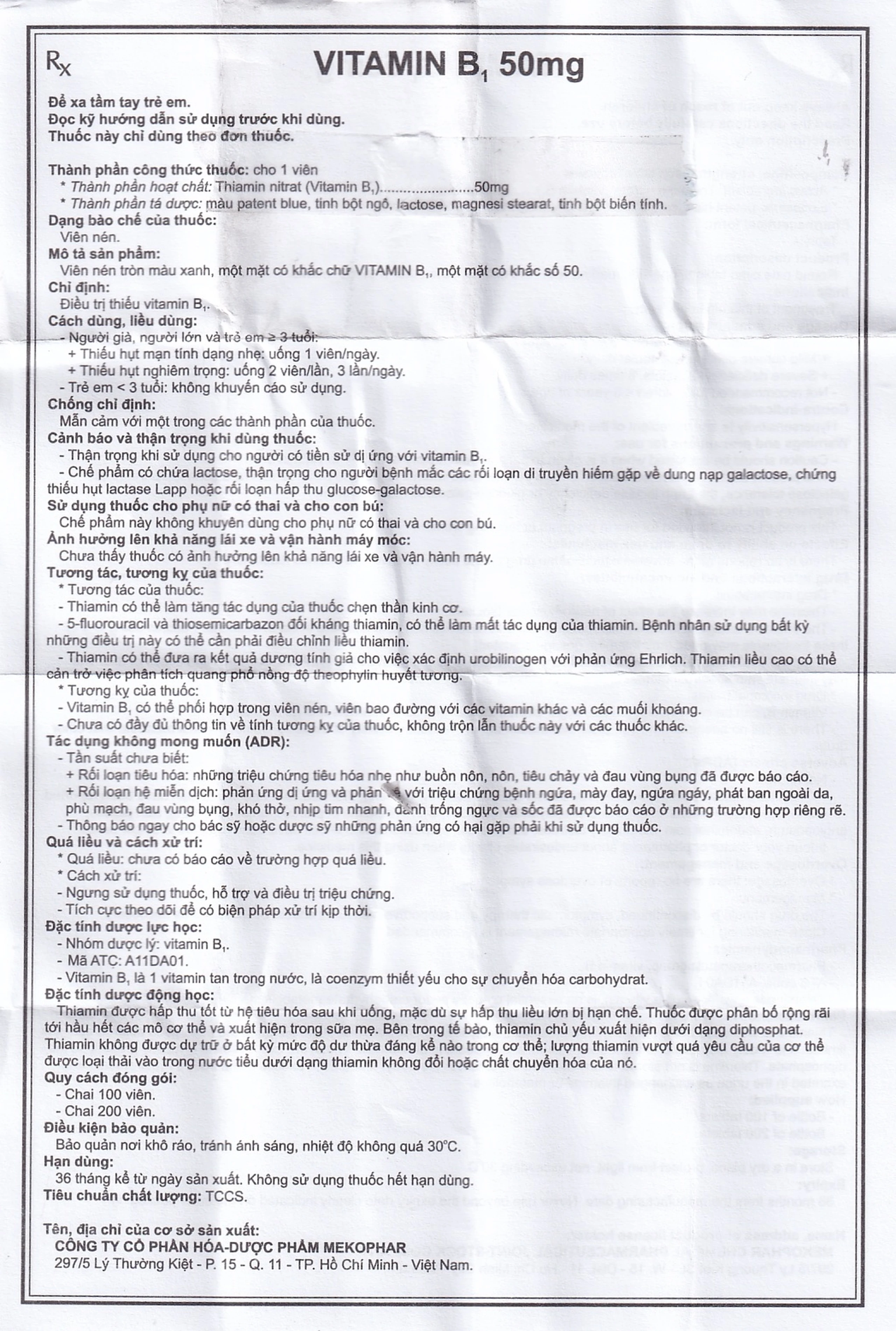 Thuốc Vitamin B1 50mg Mekophar điều trị thiếu Vitamin B (100 viên)