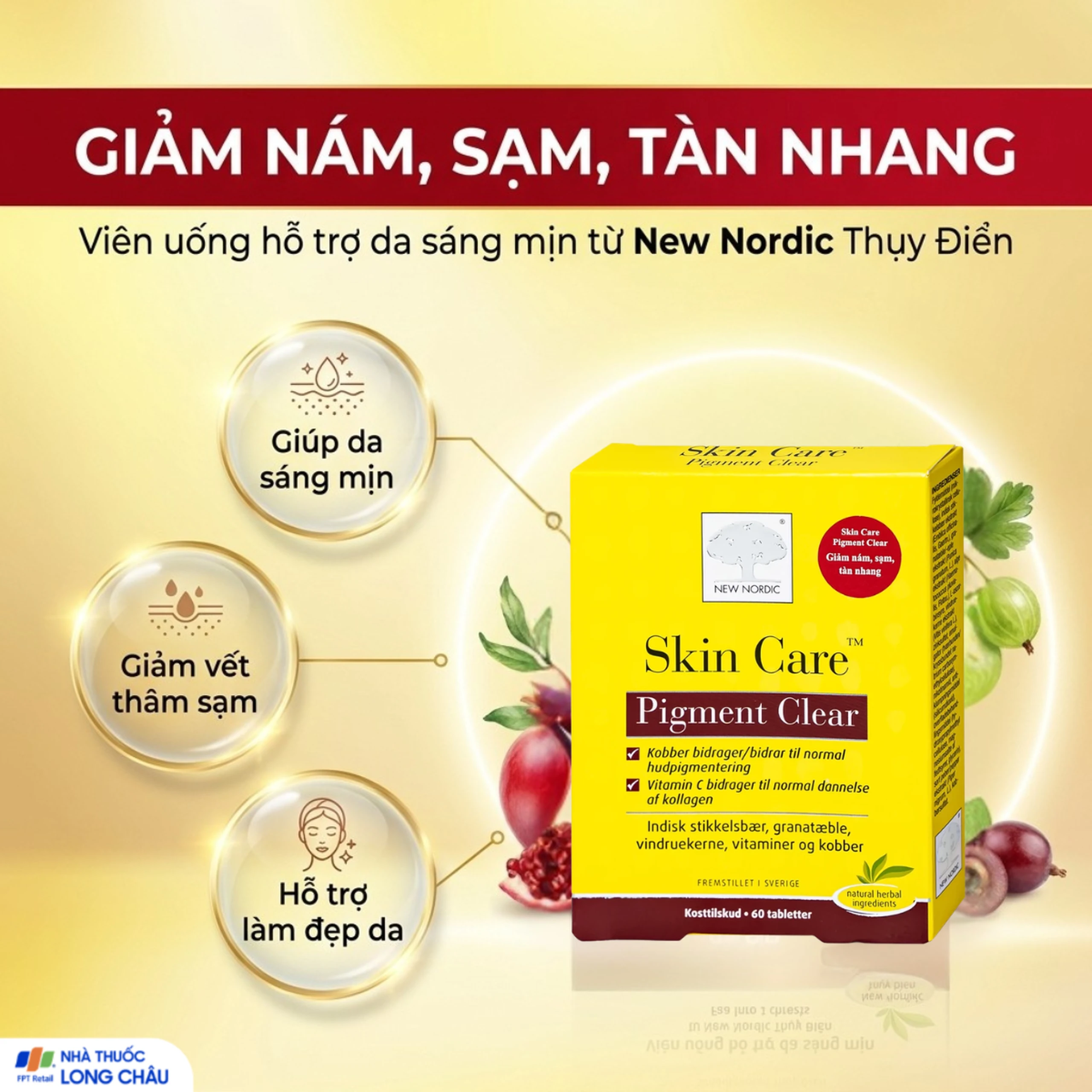 Viên uống giúp làm đẹp da, chống oxi hóa và giảm lão hóa da Skin Care Pigment Clear New Nordic (2 vỉ x 30 viên) 2