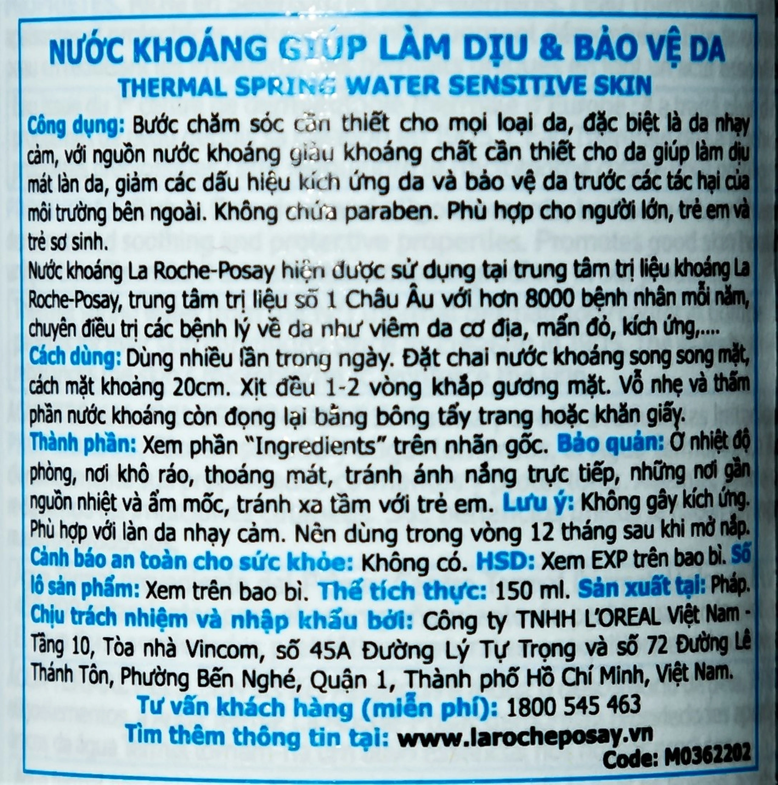 Xịt khoáng La Roche-posay Thermal Spring Water Sensitive Skin giúp làm dịu và bảo vệ da 150ml