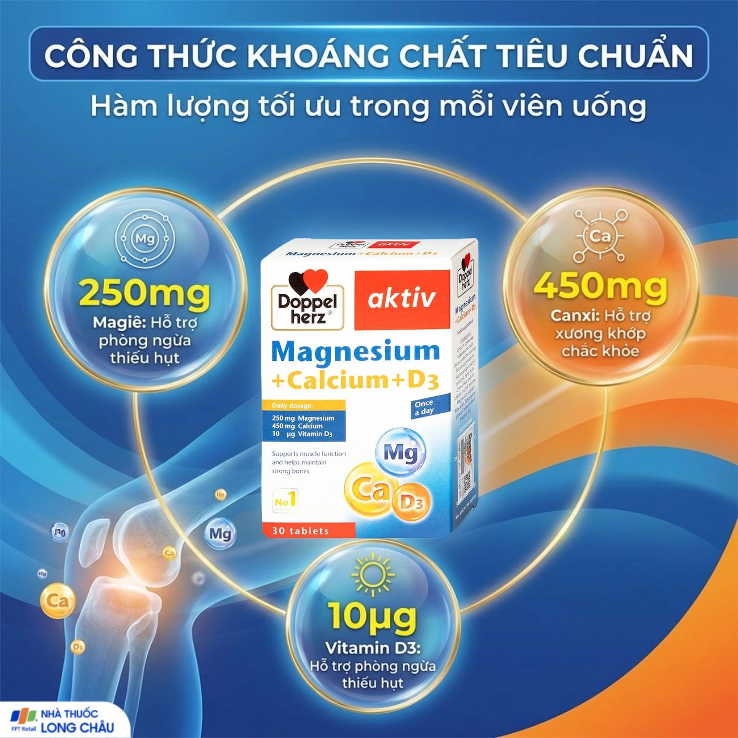 Viên hỗ trợ cơ xương Magnesium+Calcium+D3 Doppelherz (3 vỉ x 10 viên) 3