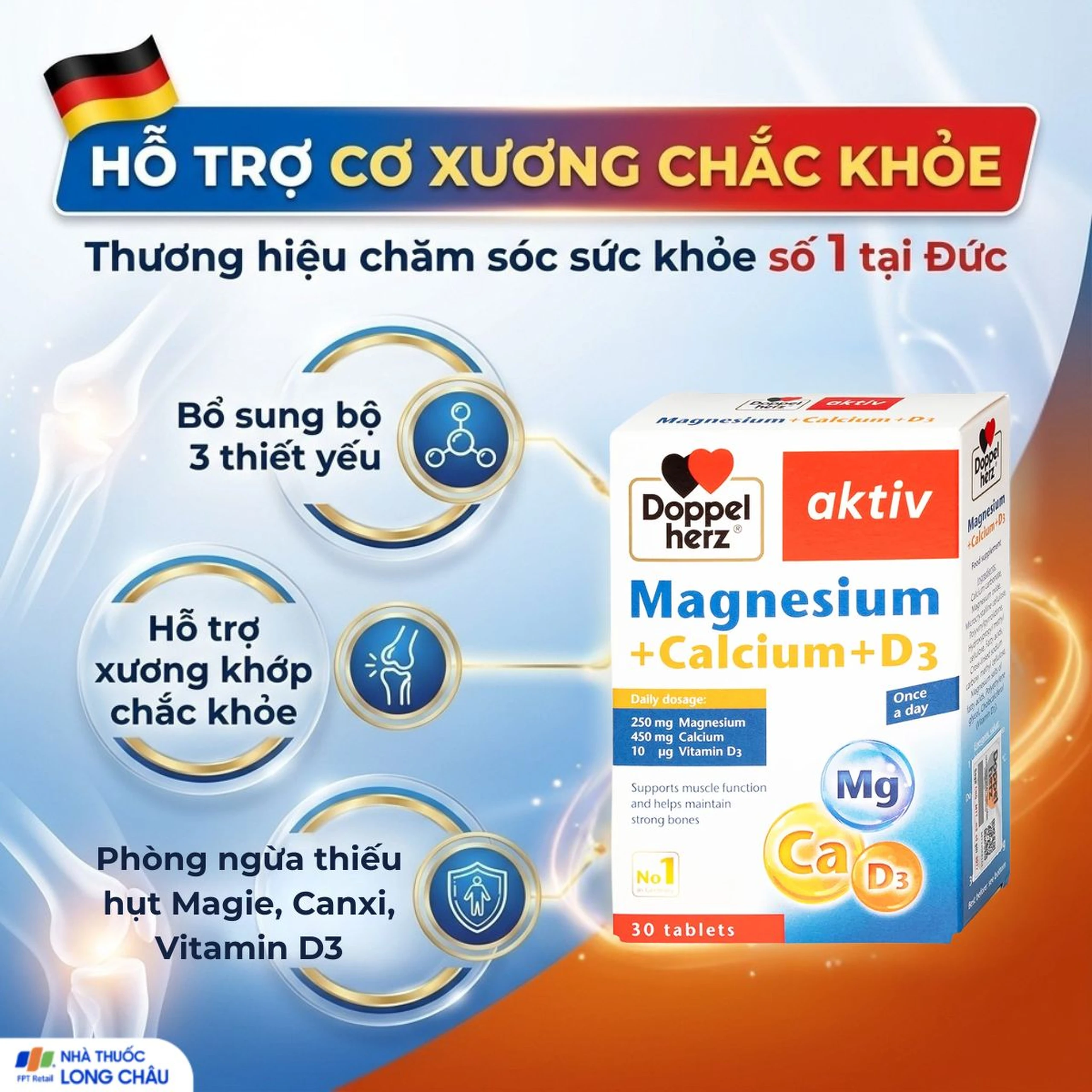 Viên hỗ trợ cơ xương Magnesium+Calcium+D3 Doppelherz (3 vỉ x 10 viên) 2