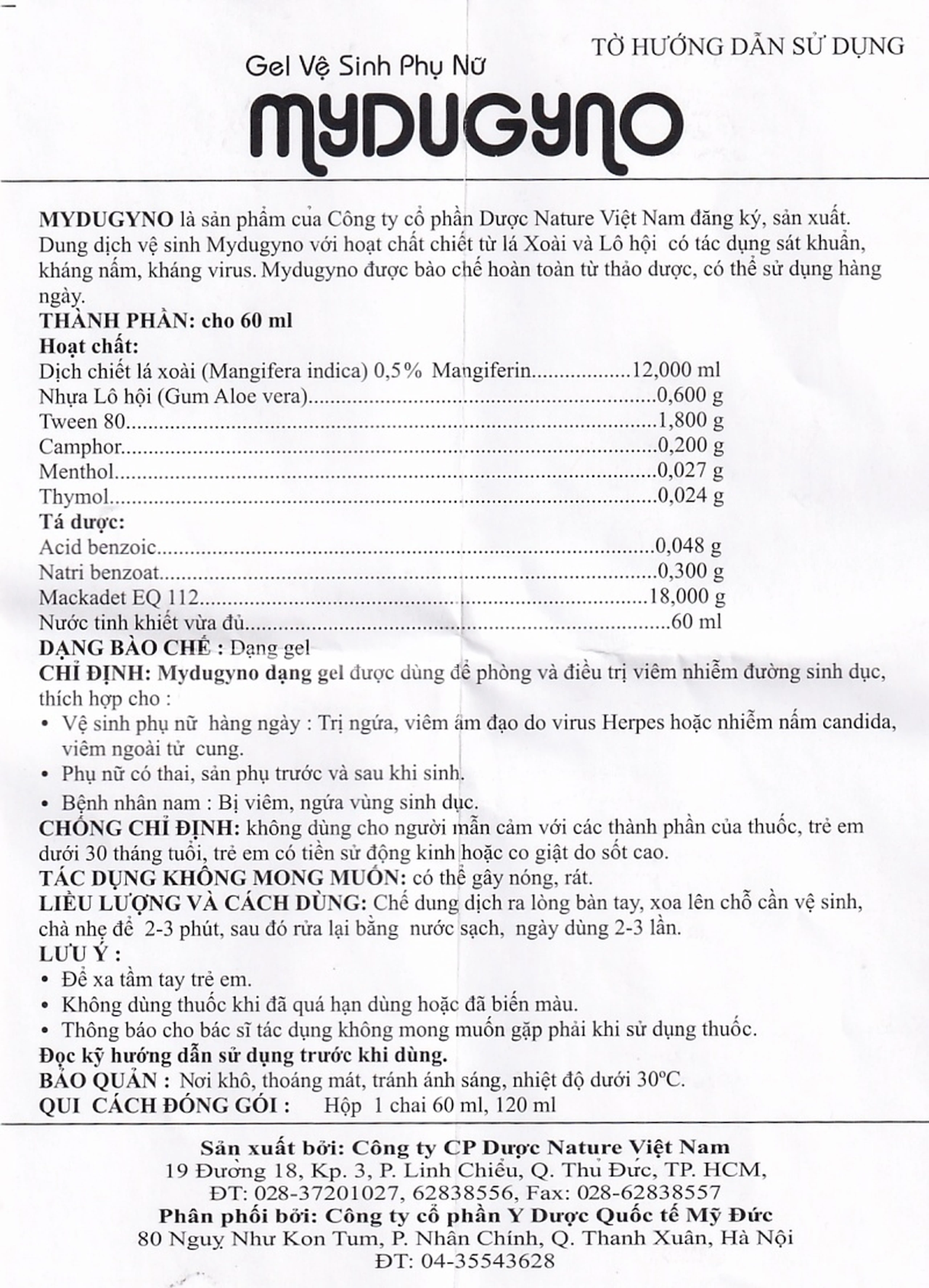 Gel vệ sinh phụ nữ Mydugyno Nature kháng khuẩn, kháng nấm, kháng virus (120ml) 