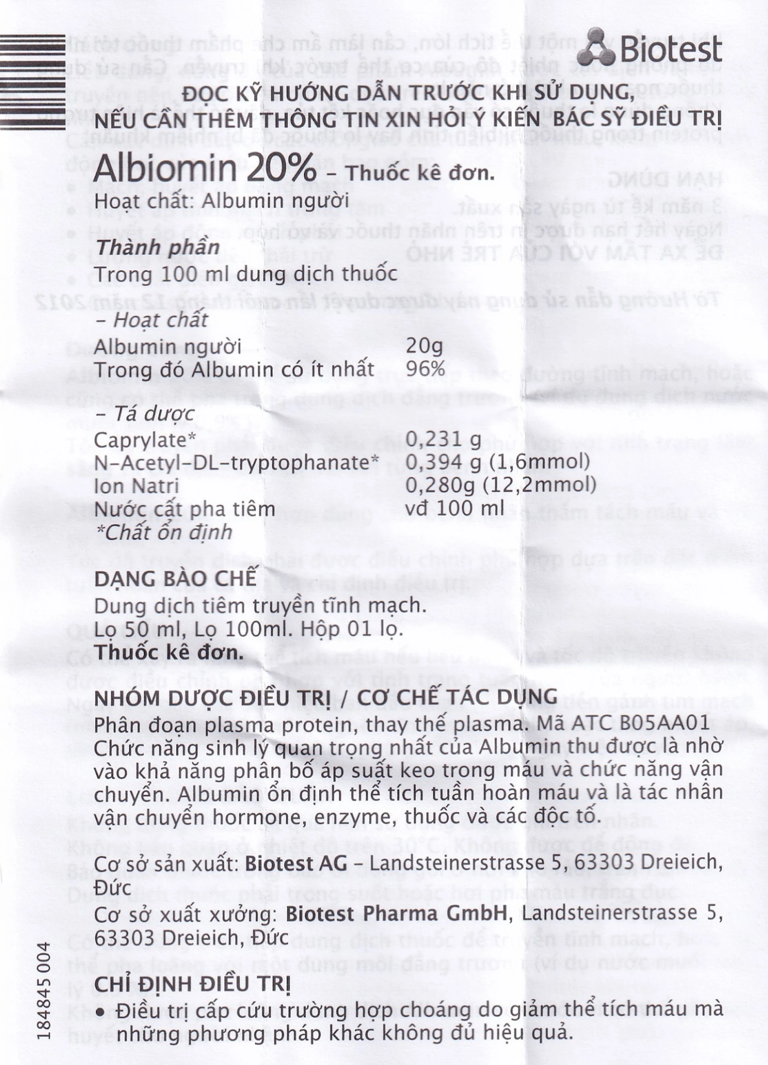 Dịch truyền Albiomin 20% Biotest điều trị cấp cứu trường hợp choáng do giảm thể tích máu (50ml)