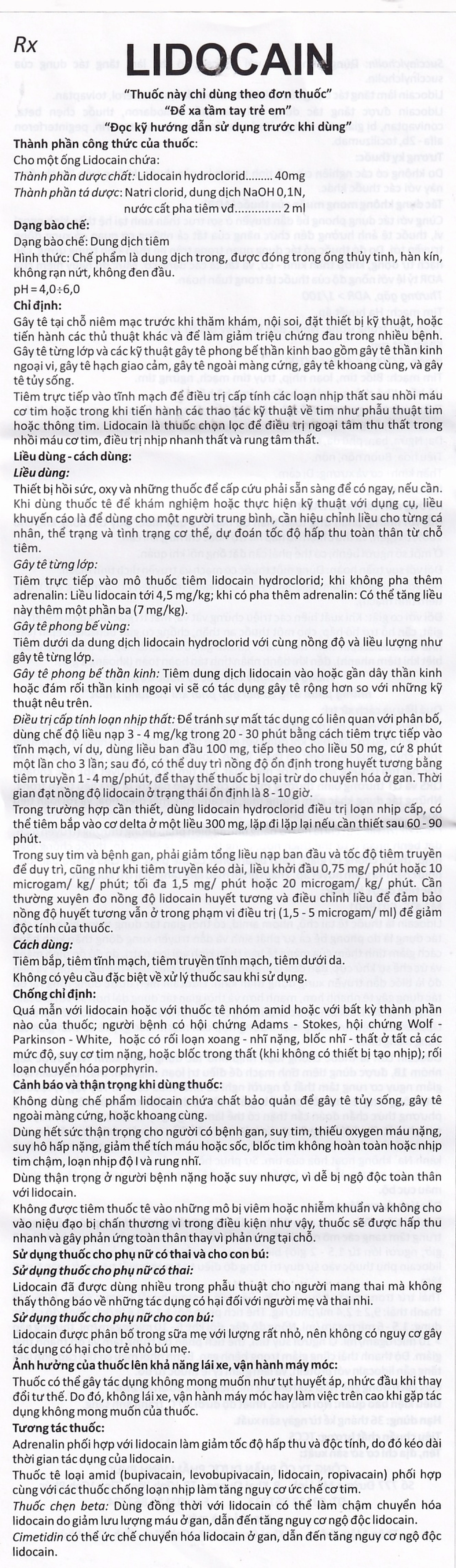 Dung dịch tiêm Lidocain 40mg/2ml Vinphaco gây tê tại chỗ niêm mạc trước (100 ống x 2ml)