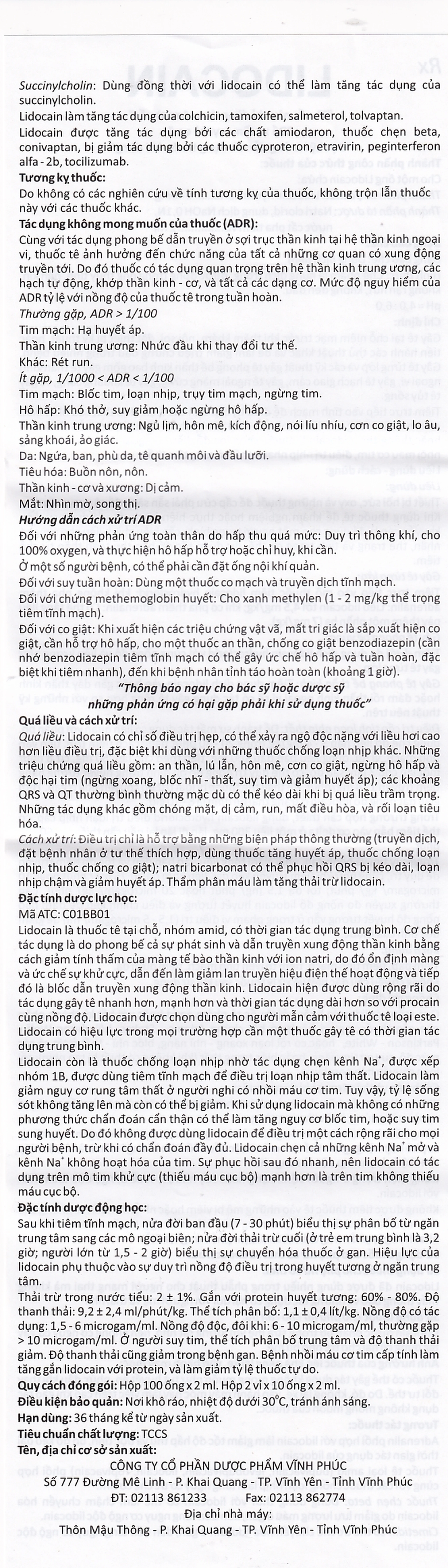 Dung dịch tiêm Lidocain 40mg/2ml Vinphaco gây tê tại chỗ niêm mạc trước (100 ống x 2ml)