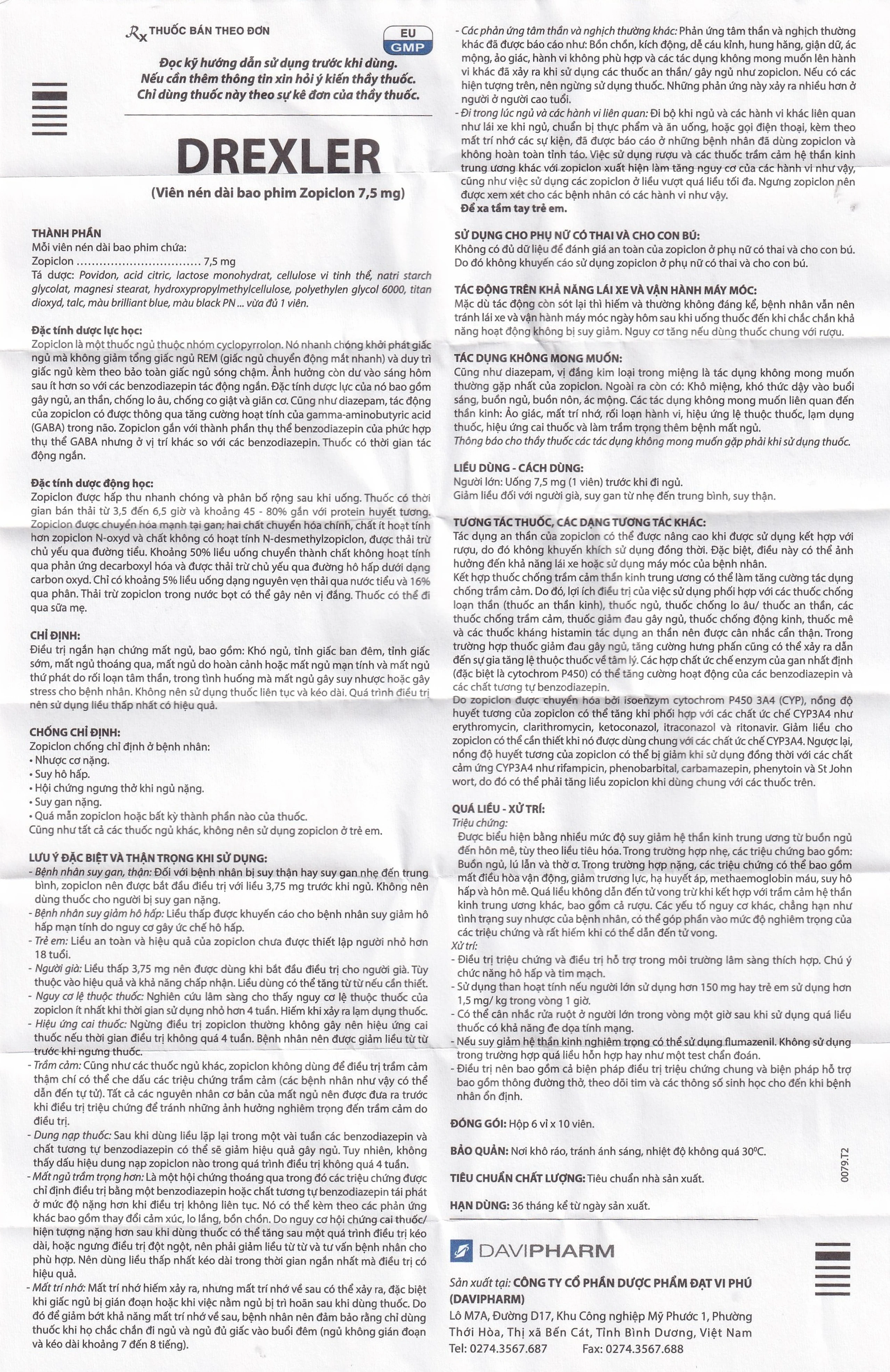 Thuốc Drexler Davipharm điều trị ngắn hạn chứng mất ngủ (60 viên)